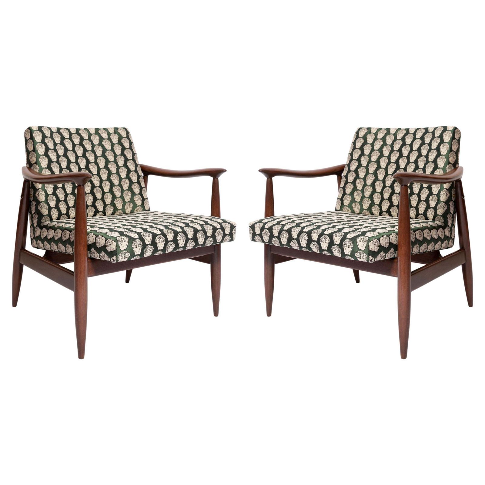 Paar Mid Century Fauteuils Met David Print In Smaragdgroen, Door Kedziorek, Europa, Jaren 1960