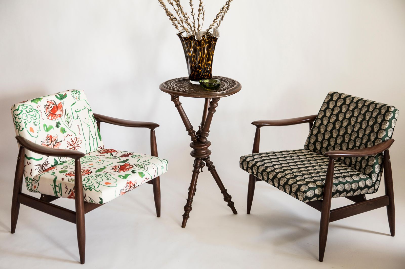 Pair Of Midcentury David Print Emerald Armchairs, By Kedziorek, Europe, 1960s photo for sale