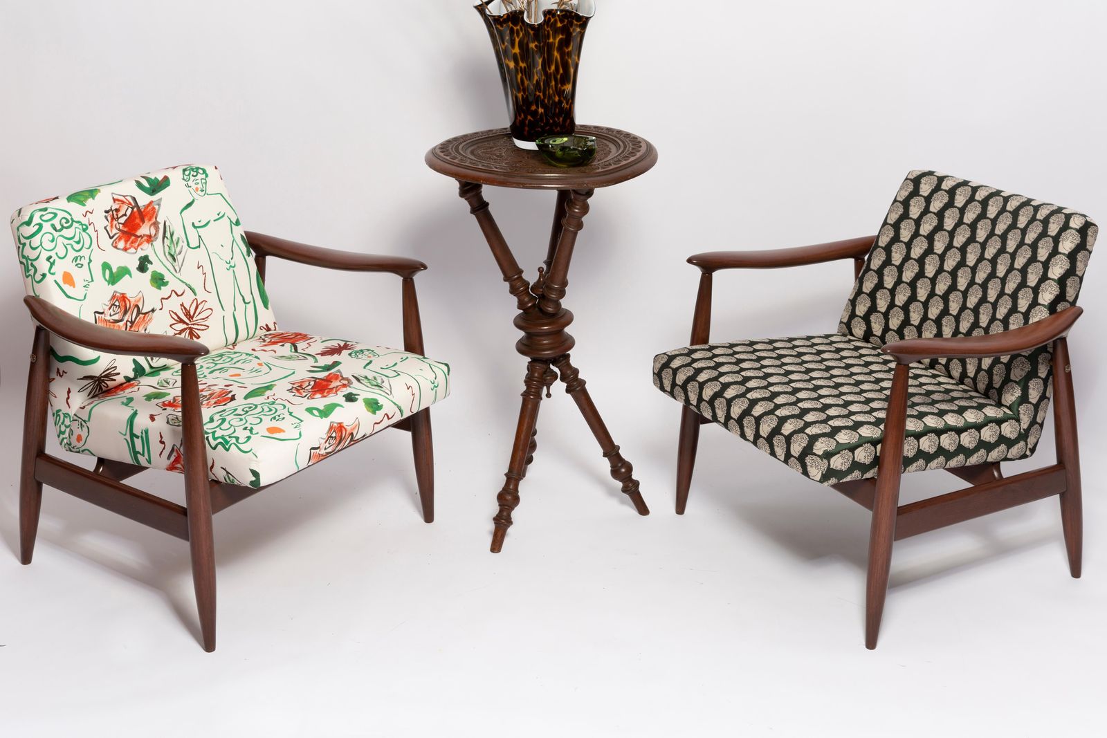 Pair Of Midcentury David Print Emerald Armchairs, By Kedziorek, Europe, 1960s photo vinterior