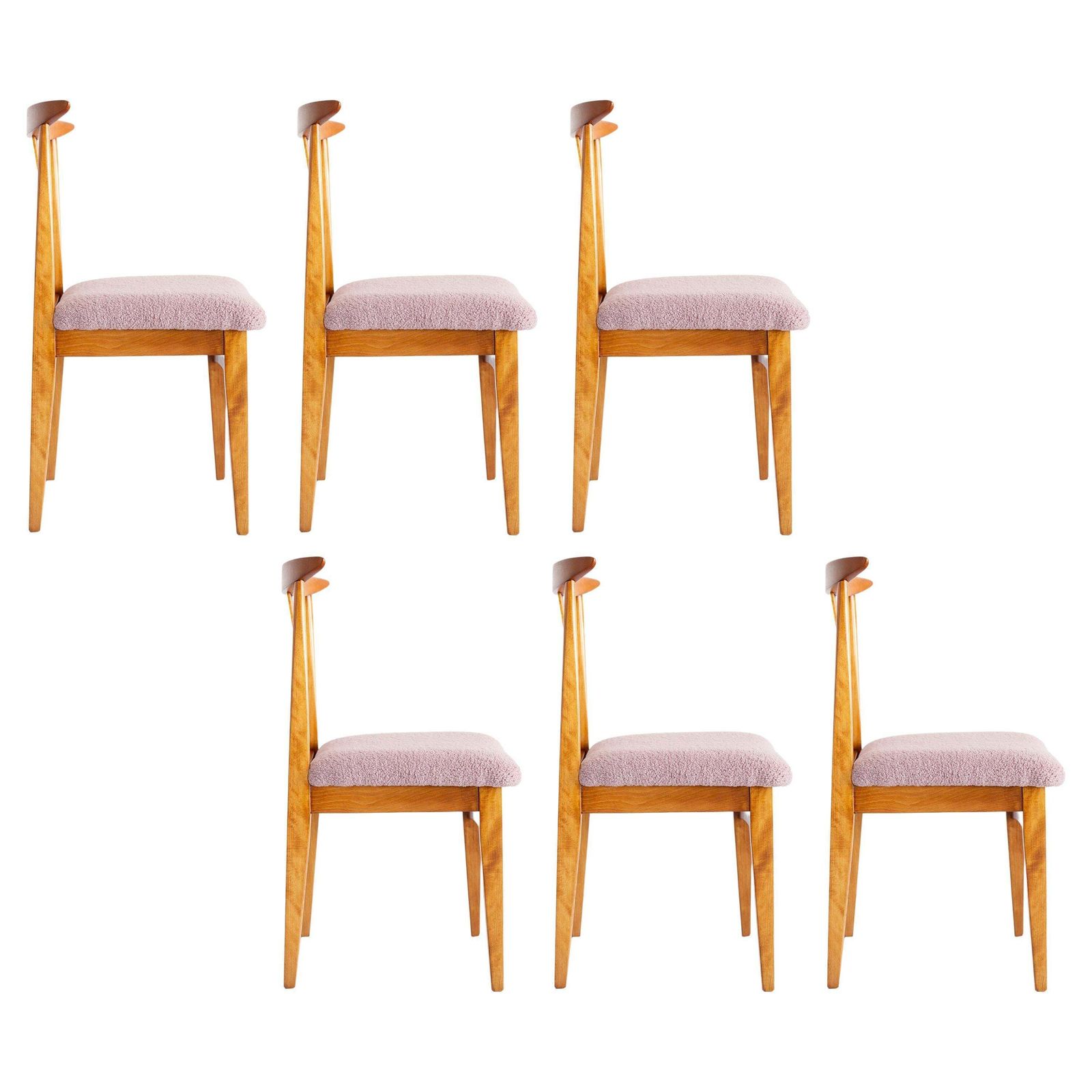 Set Of Six Mid Century Pink Boucle Chairs, By Zielinski, Poland, 1960s