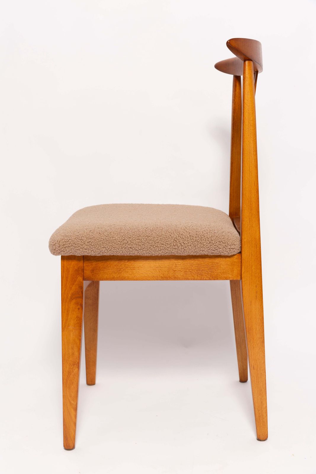 Six Mid Century Latte Boucle Chairs, Medium Wood, M. Zielinski, Europe 1960s photo for sale