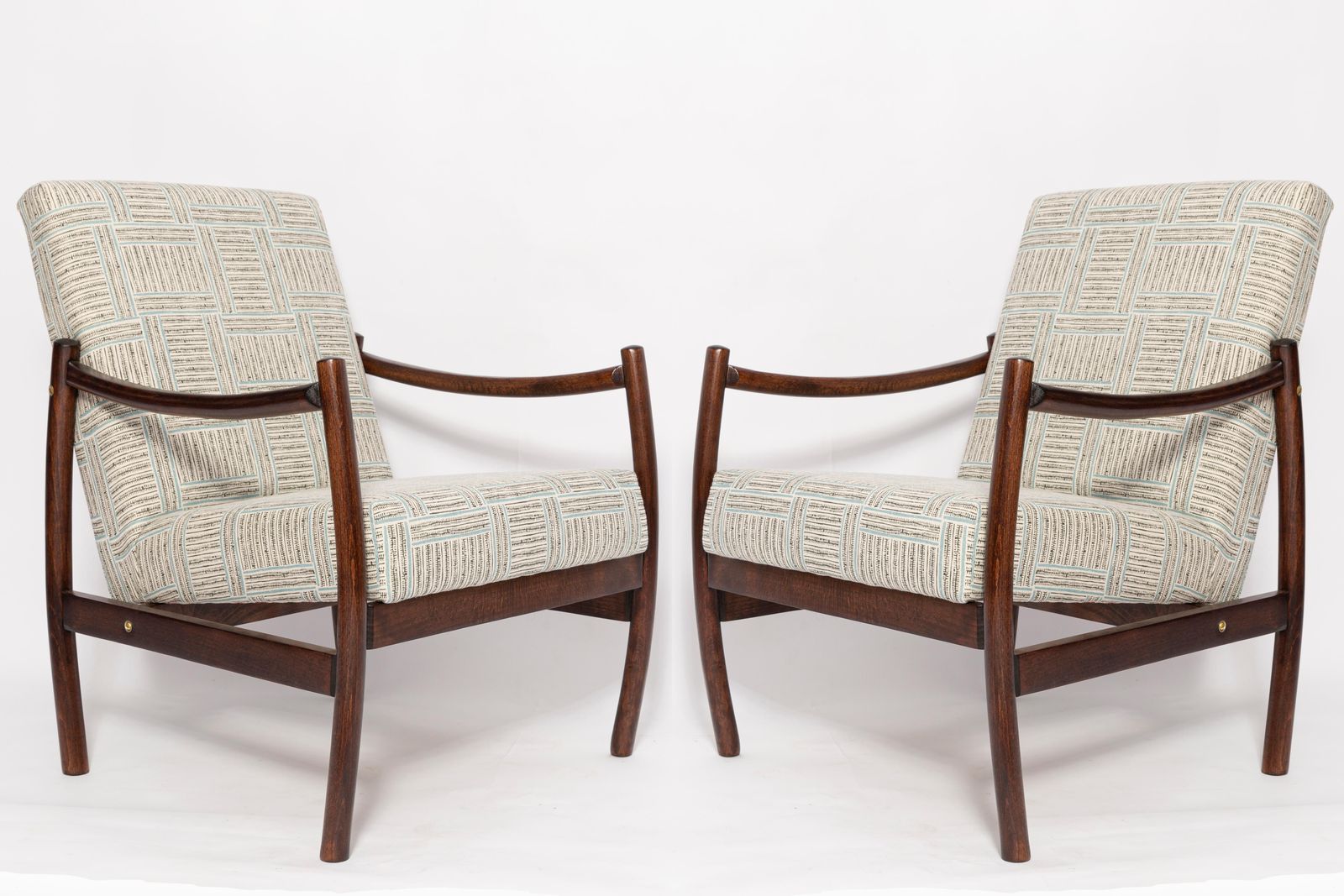 Paar Mid Century Vintage Fauteuils, Beige En Blauw Linnen, Europa, Jaren 1960 photo for sale