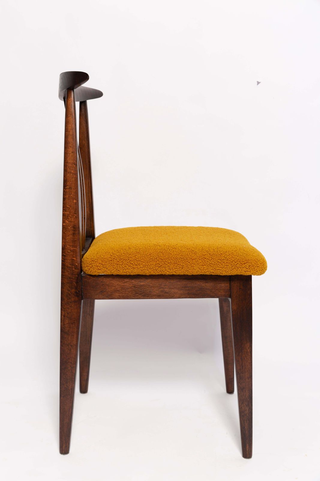 Six Mid Century Ochre Boucle Chairs, Walnut Wood, M. Zielinski, Europe 1960s photo for sale