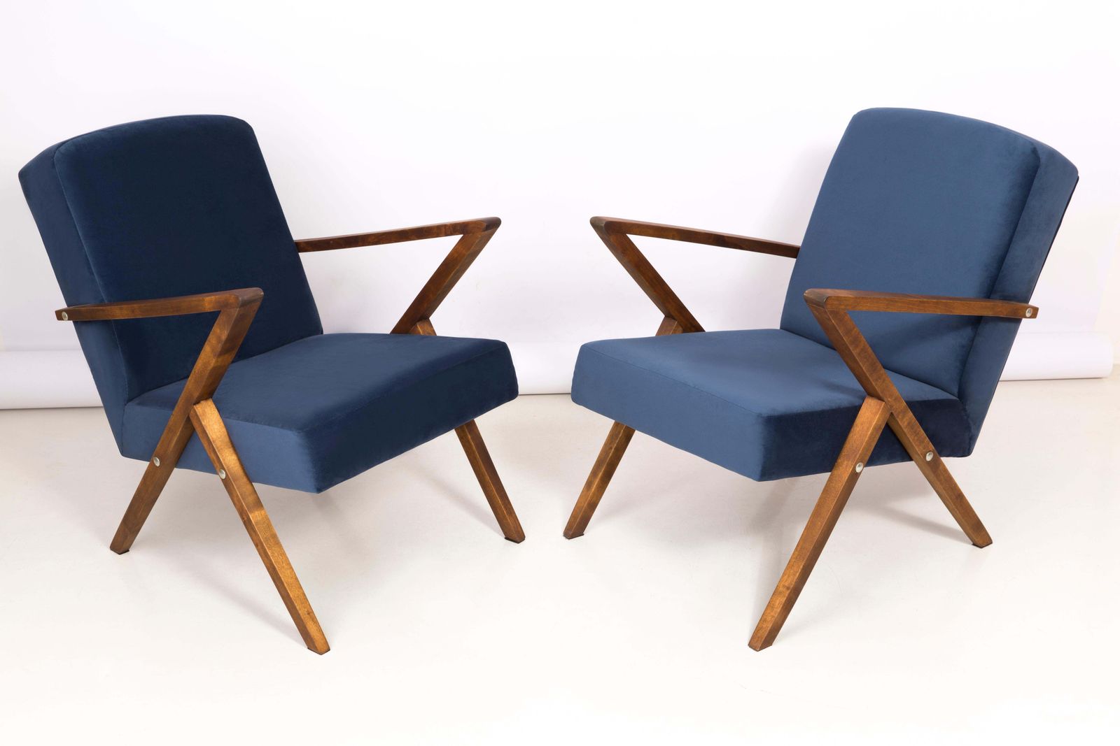 Pair Of 20th Century Unique Zet Armchairs, Navy Velvet, 1970s, Poland photo furniture