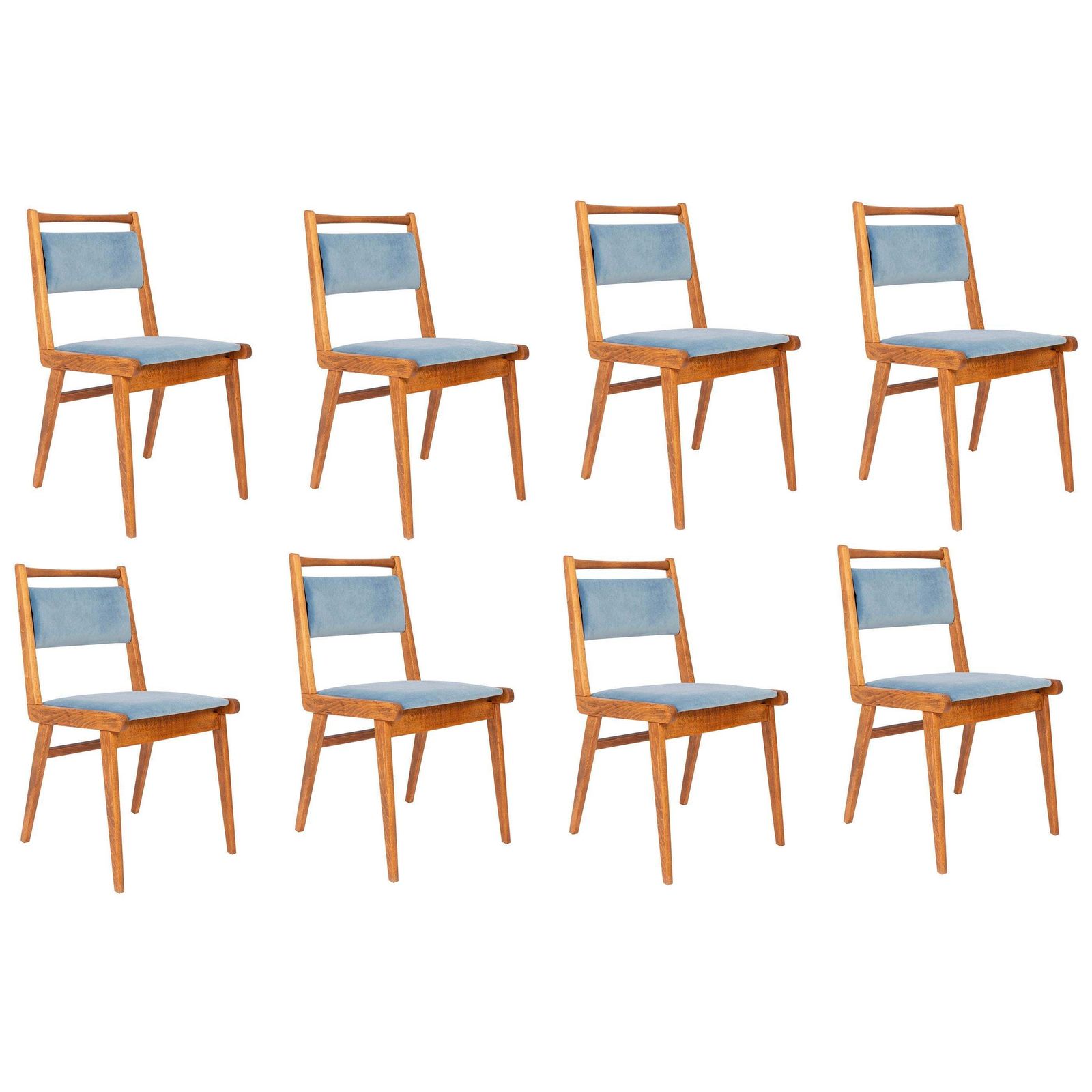 Set Of Eight 20th Century Blue Velvet Chairs, Poland, 1960s