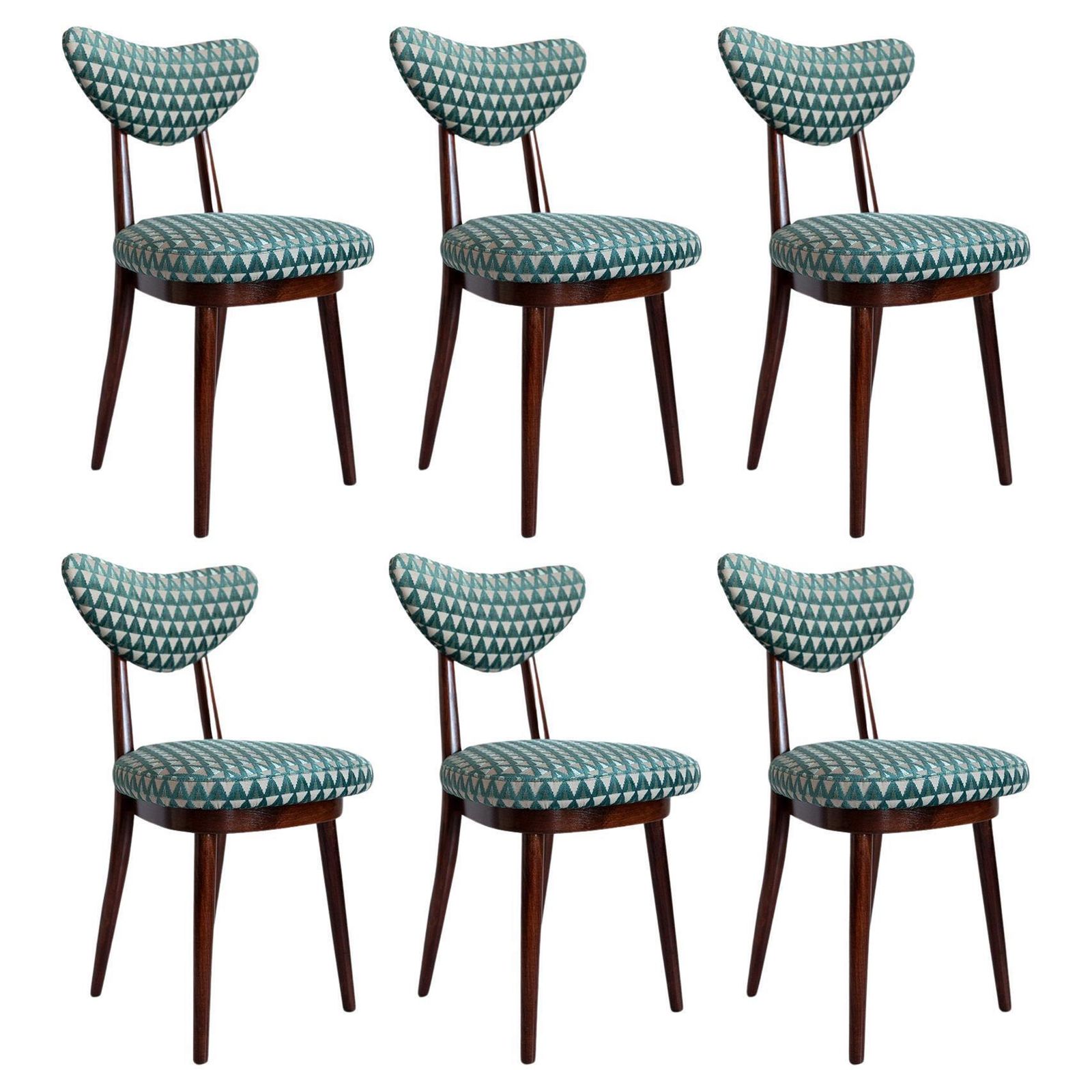 Set Van Zes Mid Century Stoelen Met Hartvormige Rug, Bekleed Met Amuleto Groene Velours, Europa, Ca. Jaren 1960