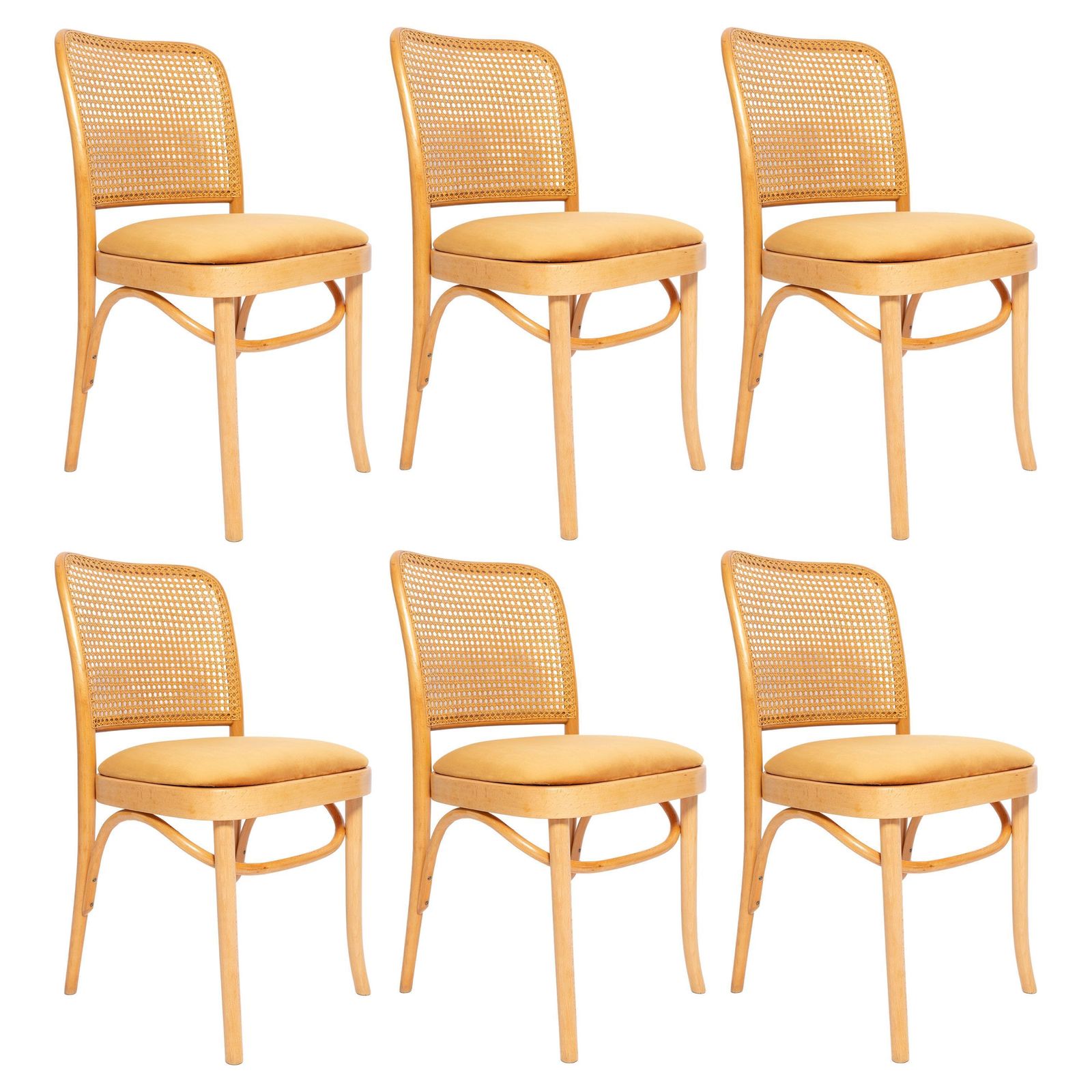 Set Of Six Mid Century Yellow Velvet Thonet Wood Rattan Chairs, Europe, 1960s