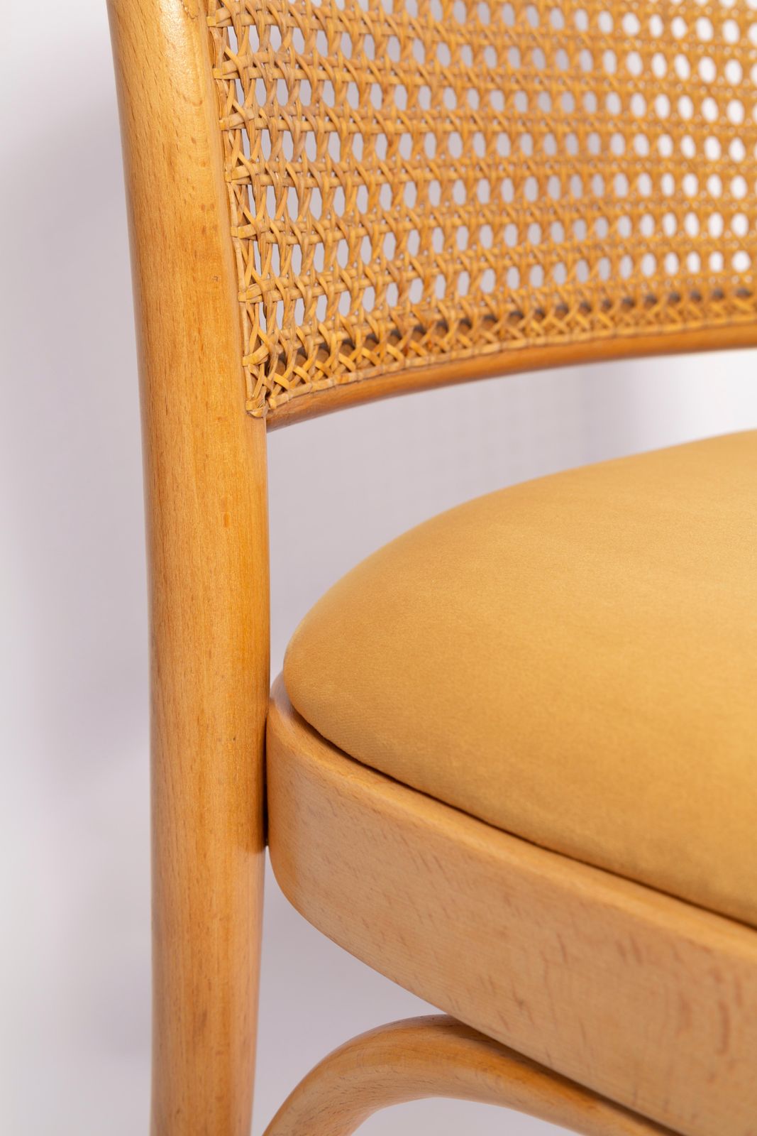 Set Of Six Mid Century Yellow Velvet Thonet Wood Rattan Chairs, Europe, 1960s photo vinterior