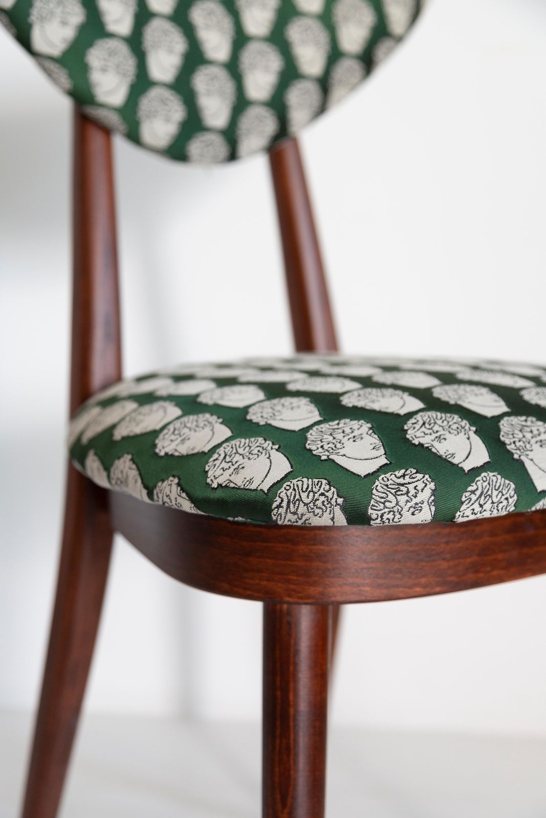 Six Midcentury David Print Emerald Satin, Dark Wood Heart Chairs, Europe, 1960s photo for sale