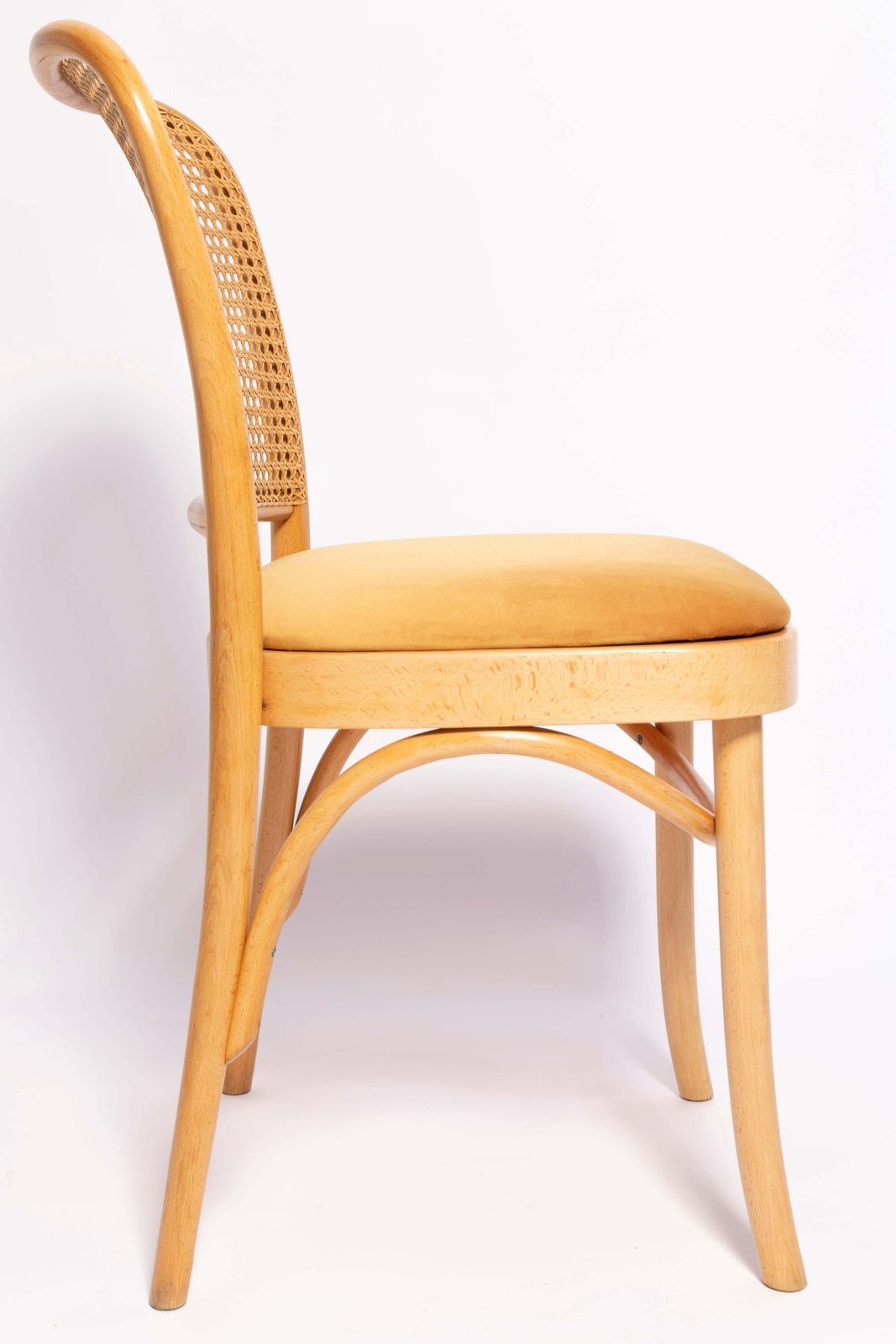 photo furniture Set Of Six Mid Century Yellow Velvet Thonet Wood Rattan Chairs, Europe, 1960s
