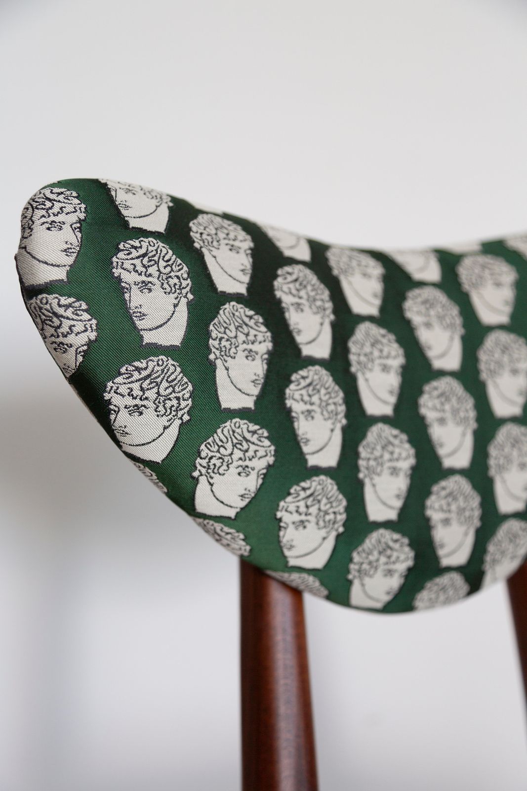 Six Midcentury David Print Emerald Satin, Dark Wood Heart Chairs, Europe, 1960s photo Furniture