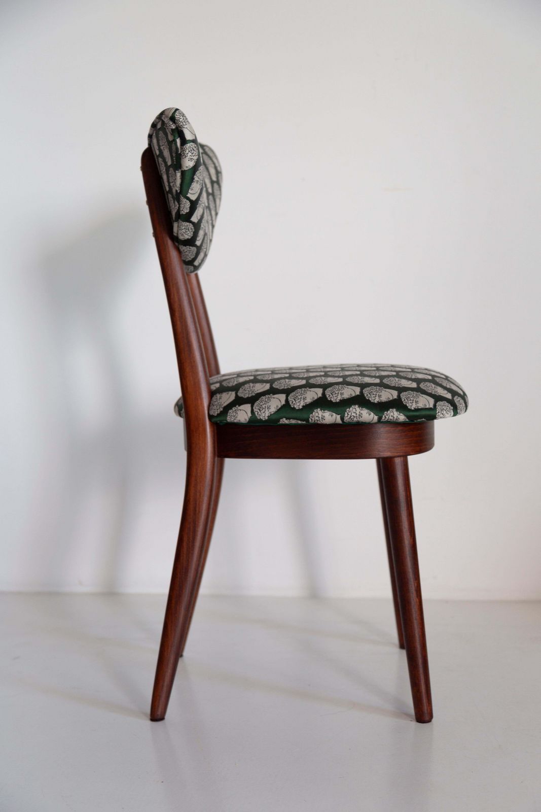 Six Midcentury David Print Emerald Satin, Dark Wood Heart Chairs, Europe, 1960s photo 3567.0