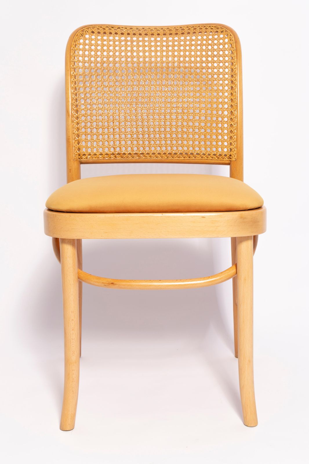 photo buy Set Of Six Mid Century Yellow Velvet Thonet Wood Rattan Chairs, Europe, 1960s