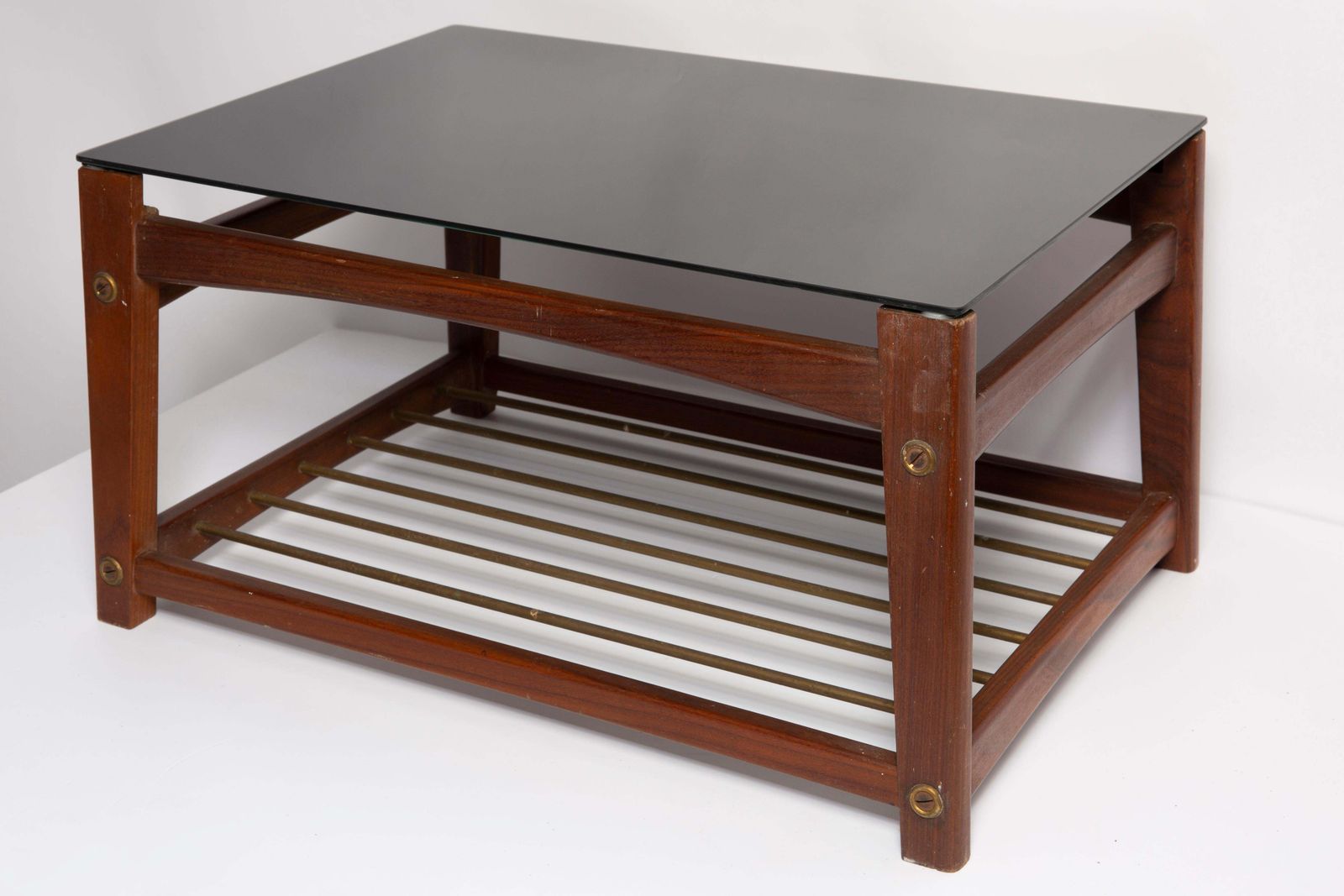 Mid Century Small Coffee Table, Black Glass And Teak Wood, Sweden, 1960s photo vinterior