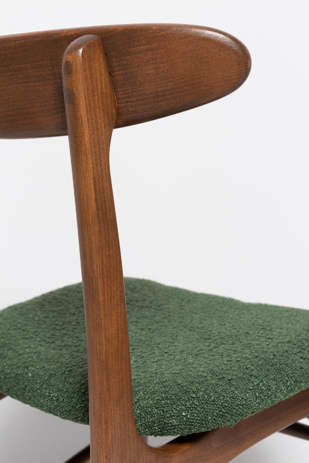 photo for sale Set Of Six Mid Century Chairs Green Boucle, Walnut, Rajmund Halas, Poland, 1960s