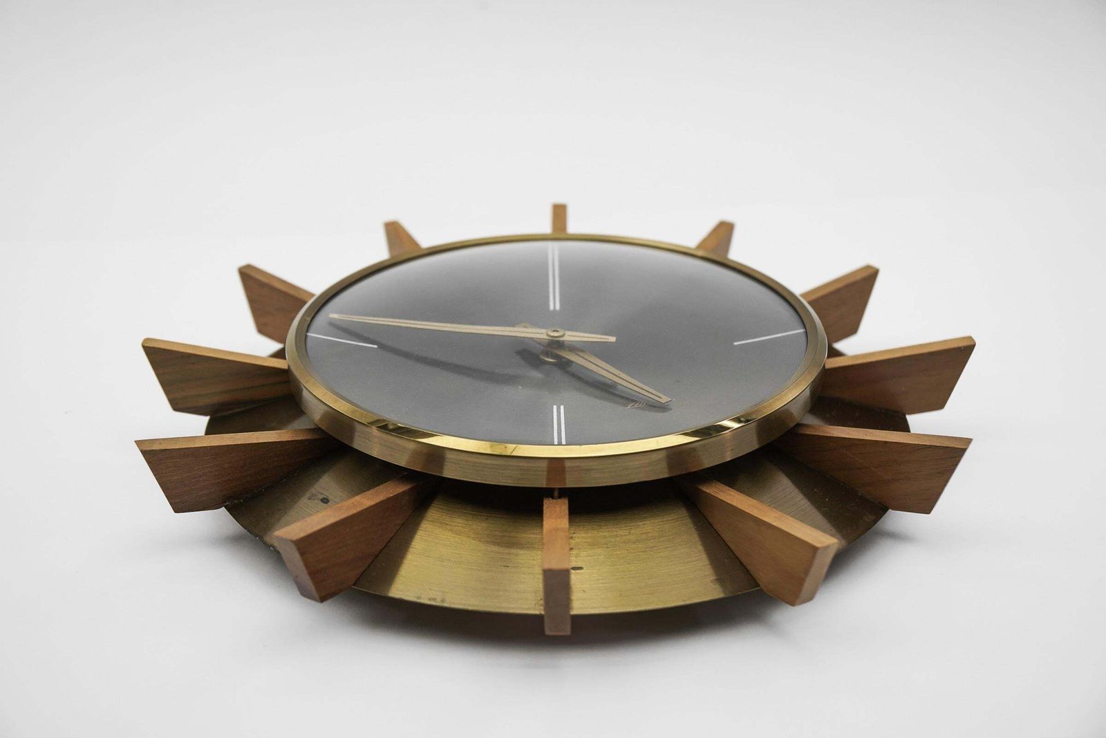 Mid Century Modern Brass And Wood Sunburst Wall Clock By Atlanta Electric photo Home Decor