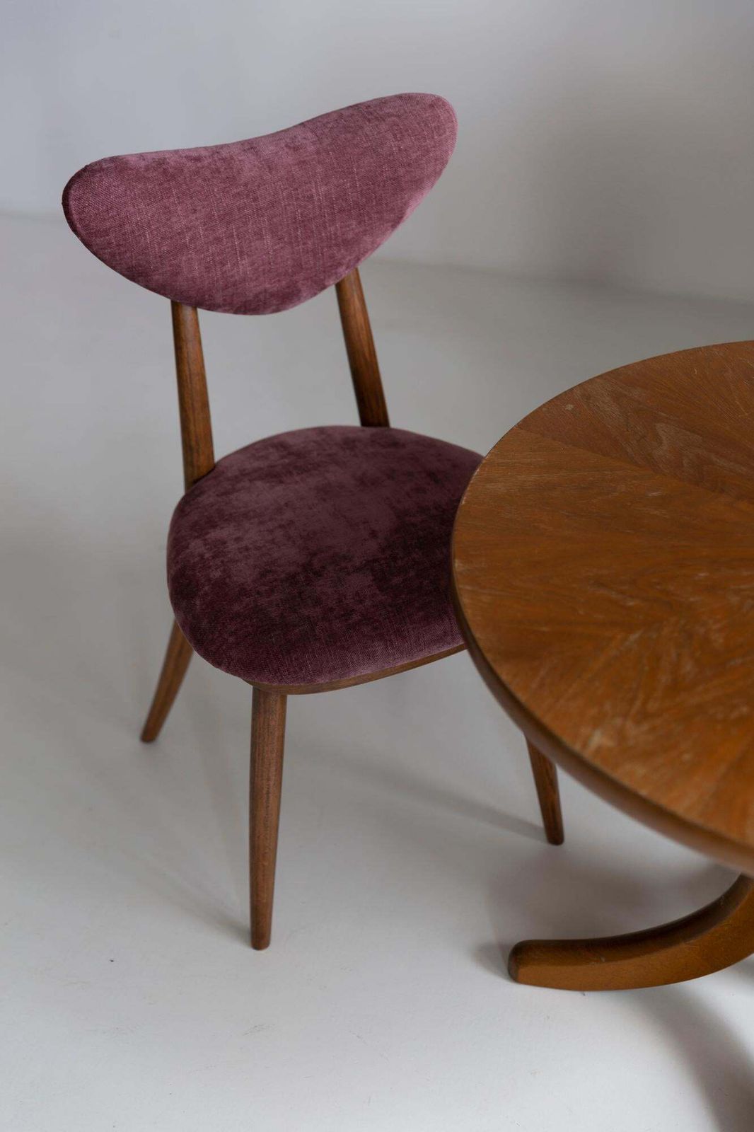 Set Of Eight Midcentury Violet Velvet, Walnut Wood Heart Chairs, Europe, 1960 photo Furniture