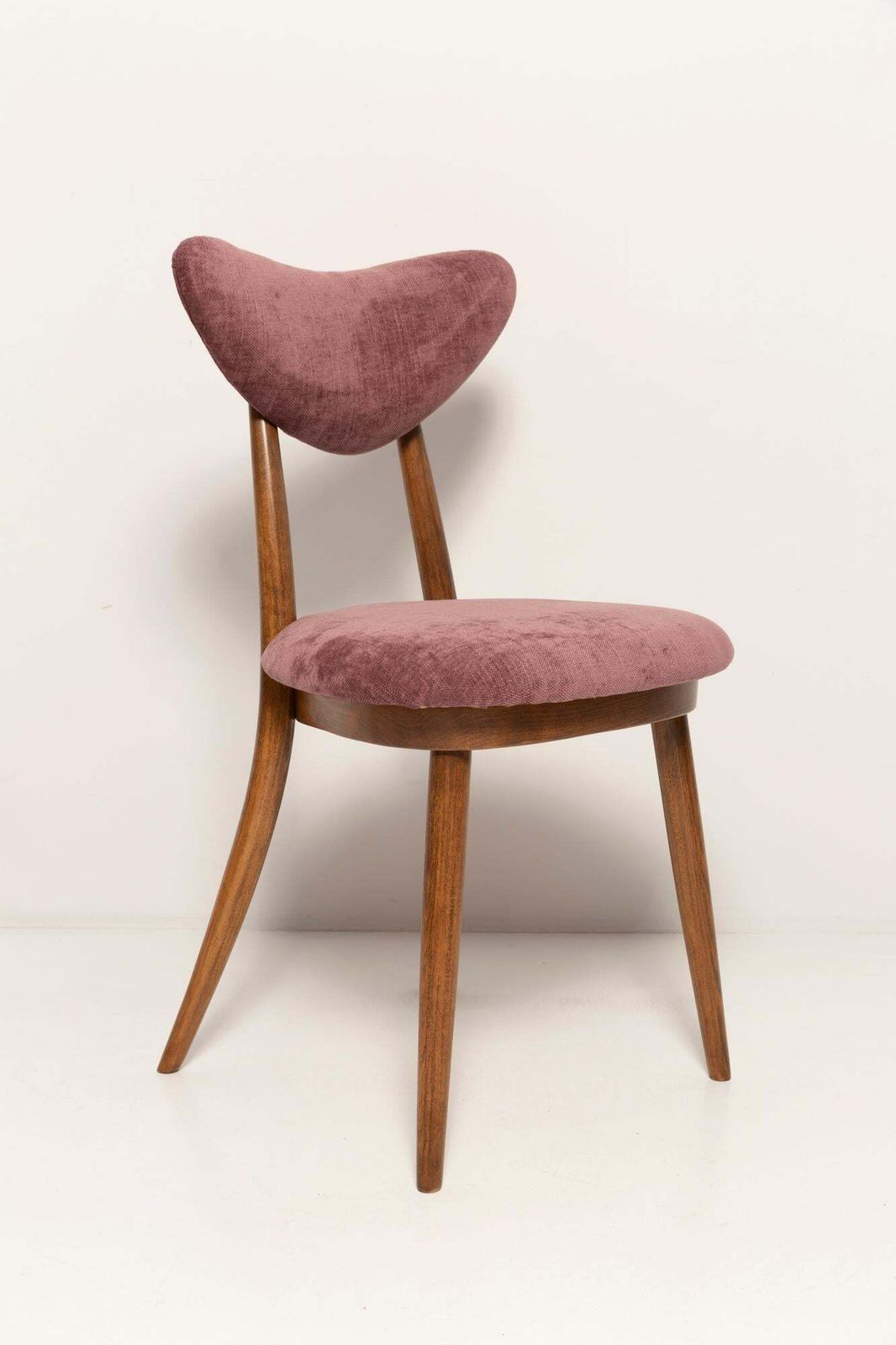 Set Of Eight Midcentury Violet Velvet, Walnut Wood Heart Chairs, Europe, 1960 photo vintage