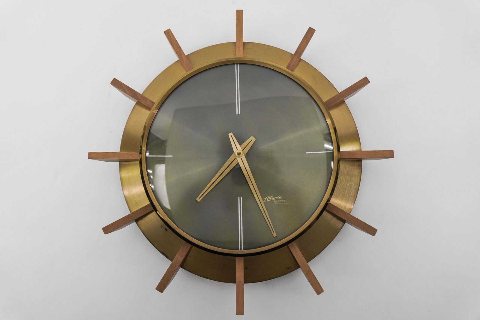 photo for sale Mid Century Modern Brass And Wood Sunburst Wall Clock By Atlanta Electric