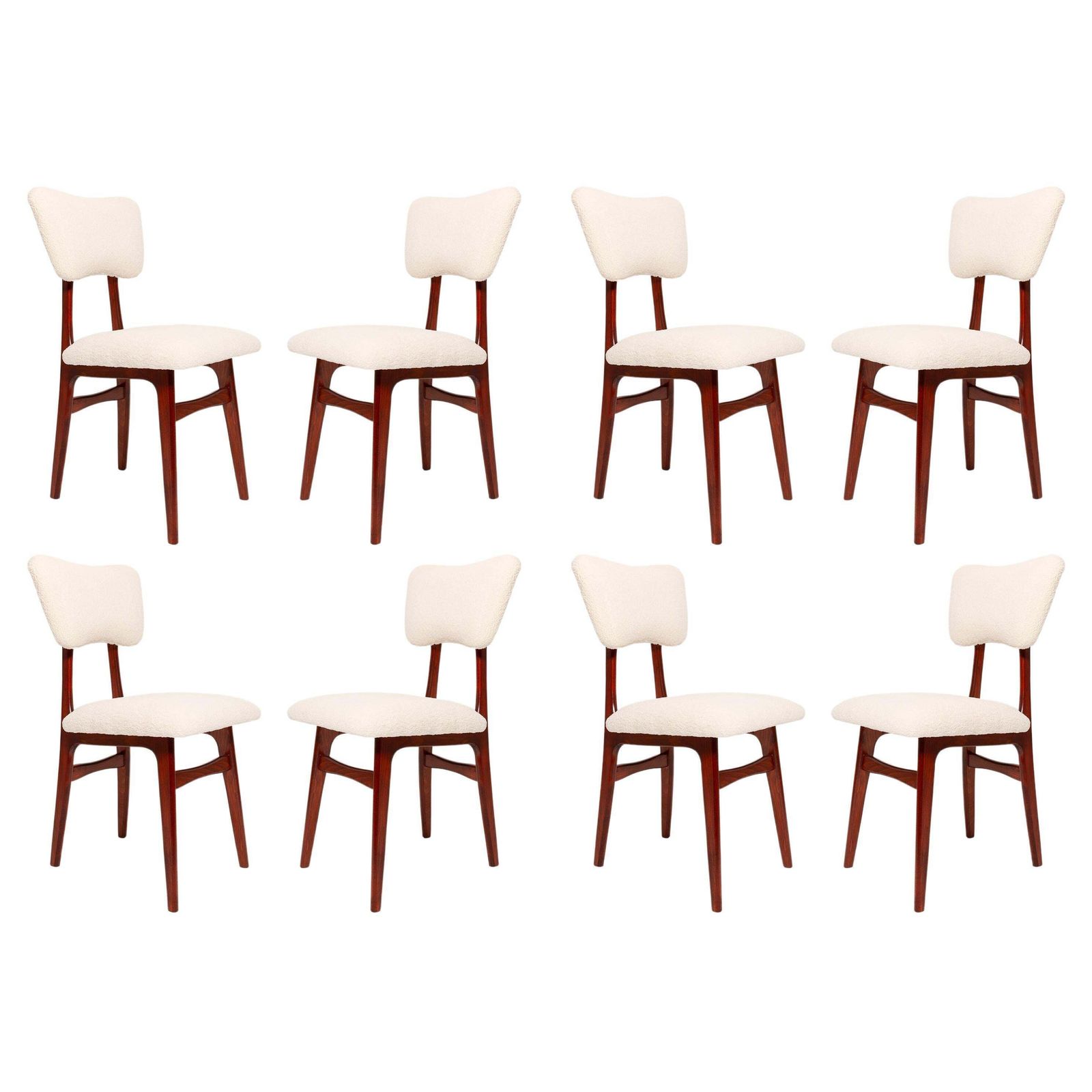 Set Van Acht 20e Eeuwse Lichtcrème Boucléstof Vlindersstoelen, Europa, Ca. Jaren 1960