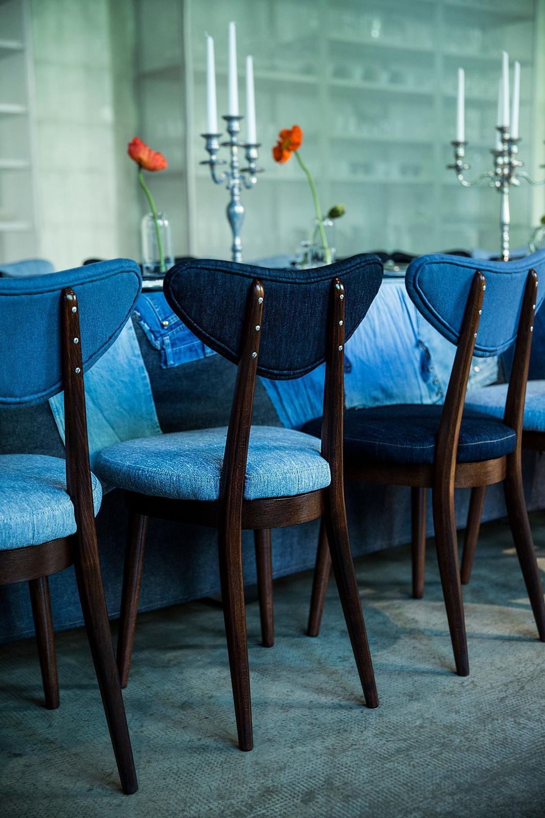 Set Of Ten Midcentury Light And Dark Blue Denim Heart Chairs, Europe, 1960s photo for sale