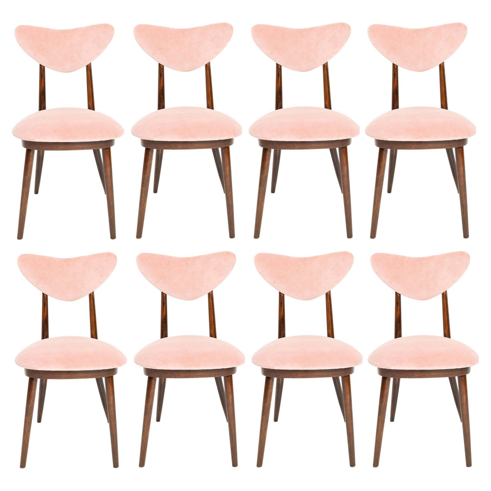 Set Van Acht Mid Century Stoelen Met Roze Katoenen Velours Hartvorm, Europa, Jaren 1960