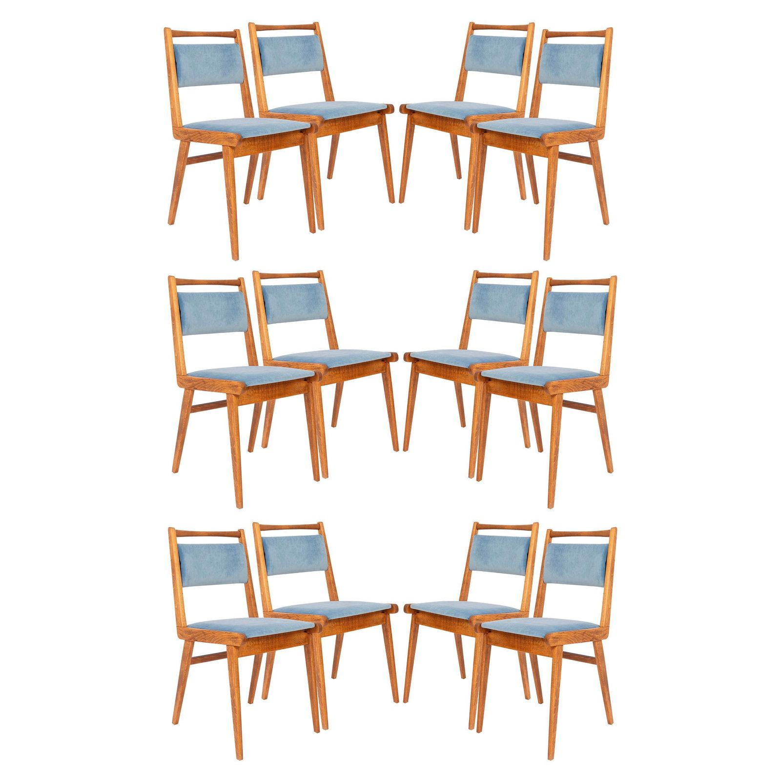 Set Of Twelve 20th Century Blue Velvet Chairs, Poland, 1960s