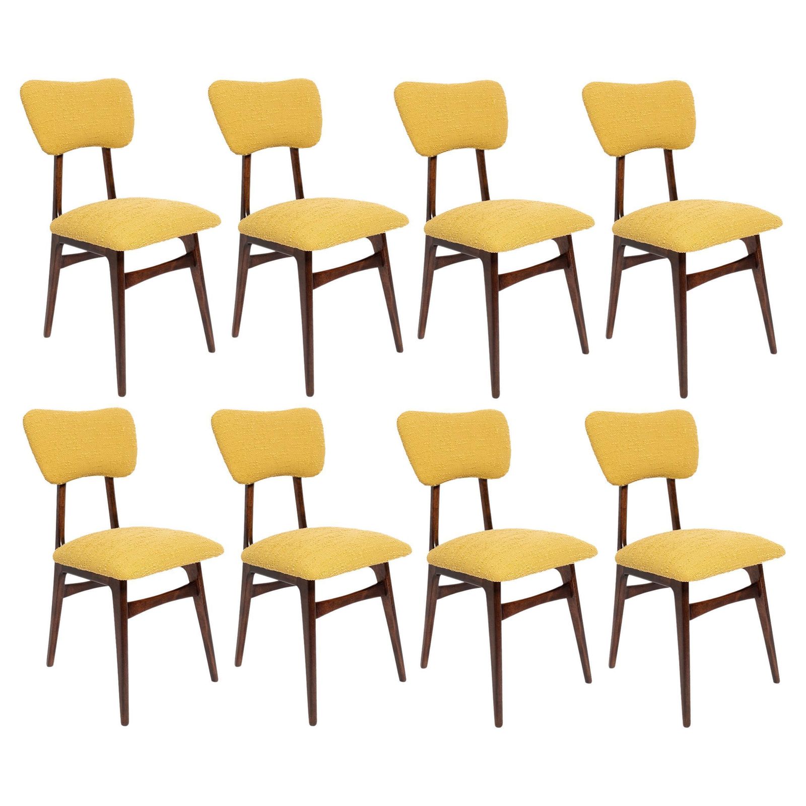 Set Van Acht Mid Century 'Butterfly' Eetkamerstoelen, Geel Bouclé, Europa, Ca. Jaren 1960