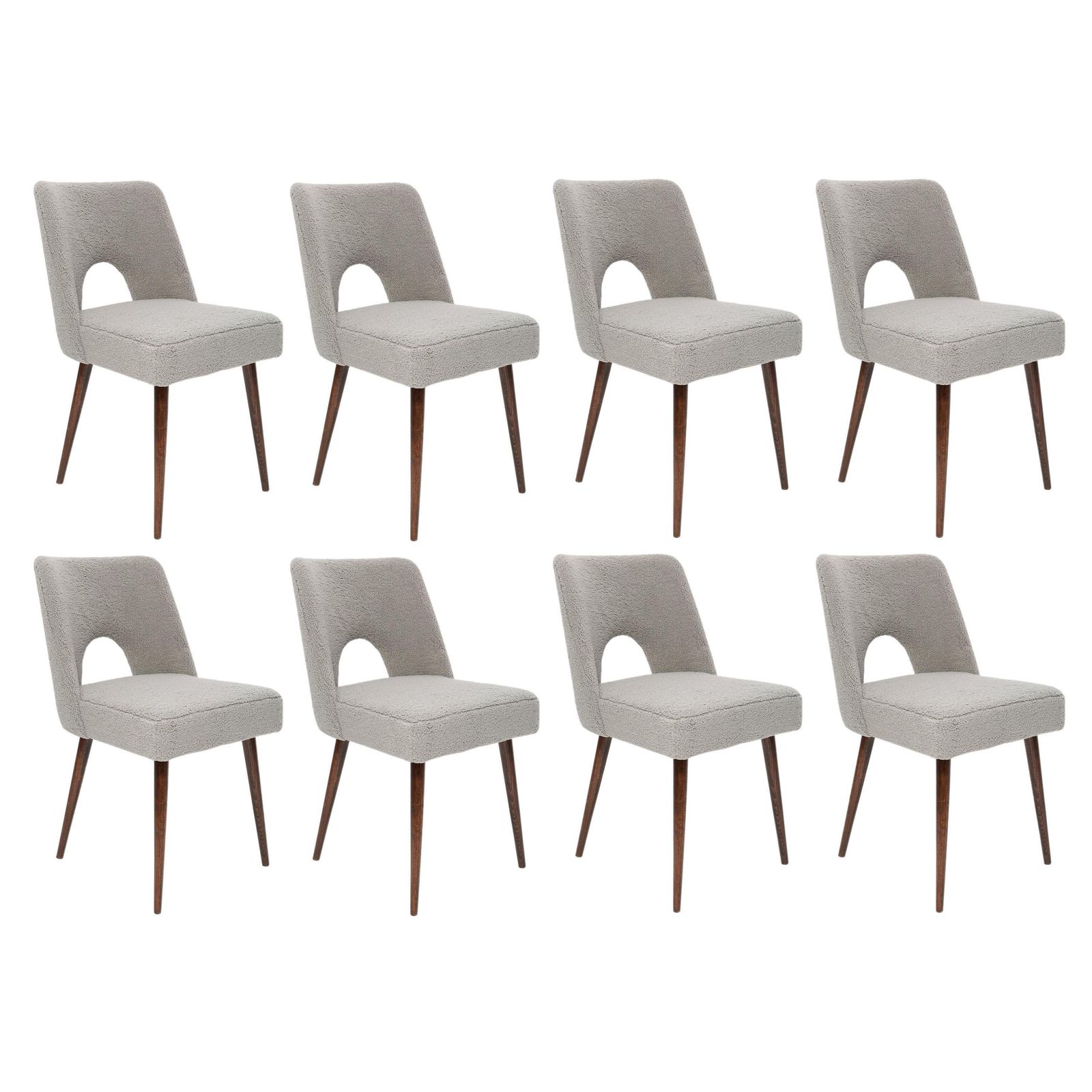 Set Of Eight Gray Boucle 'Shell' Chairs, Dark Beech Wood, Europe, 1960s