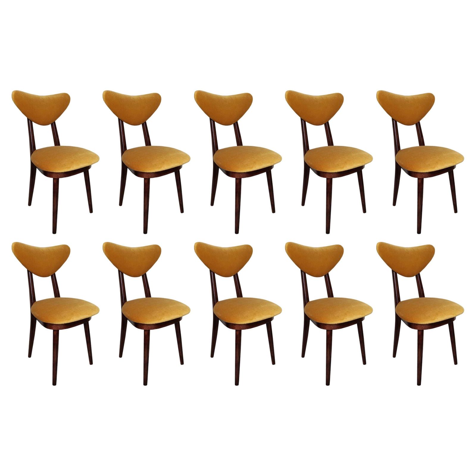 Set Van Tien Mid Century Gele Velours Stoelen Van Walnouthout, Model "Hart", Polen, Ca. Jaren 1960