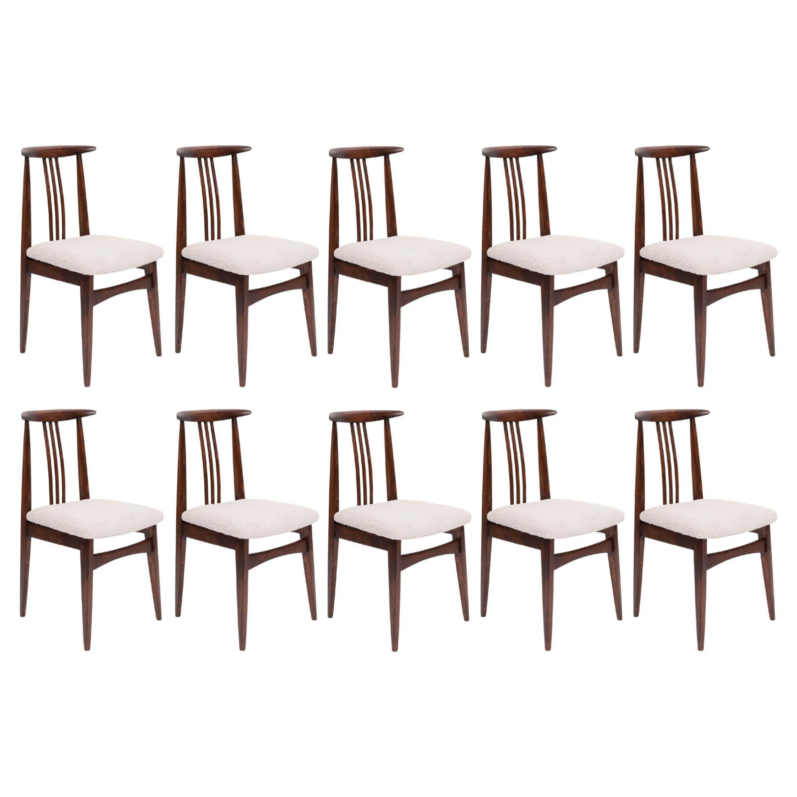 Set Of Ten Mid Century Linen Boucle Chairs, Walnut, M. Zielinski, Europe, 1960s