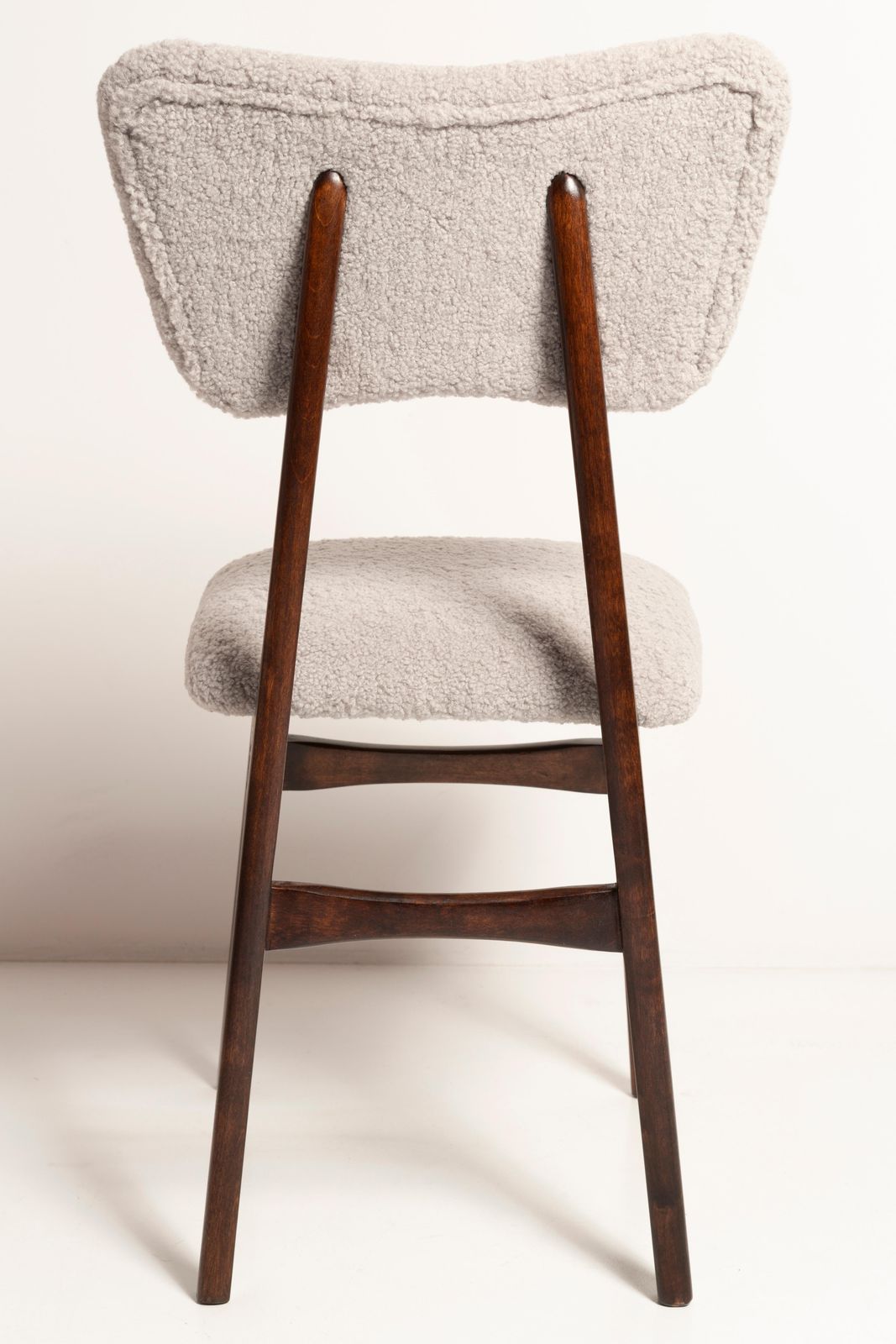 photo for sale Set Of Ten Mid Century Chairs, Light Gray Boucle, Dark Walnut Wood, Europe, 1960s