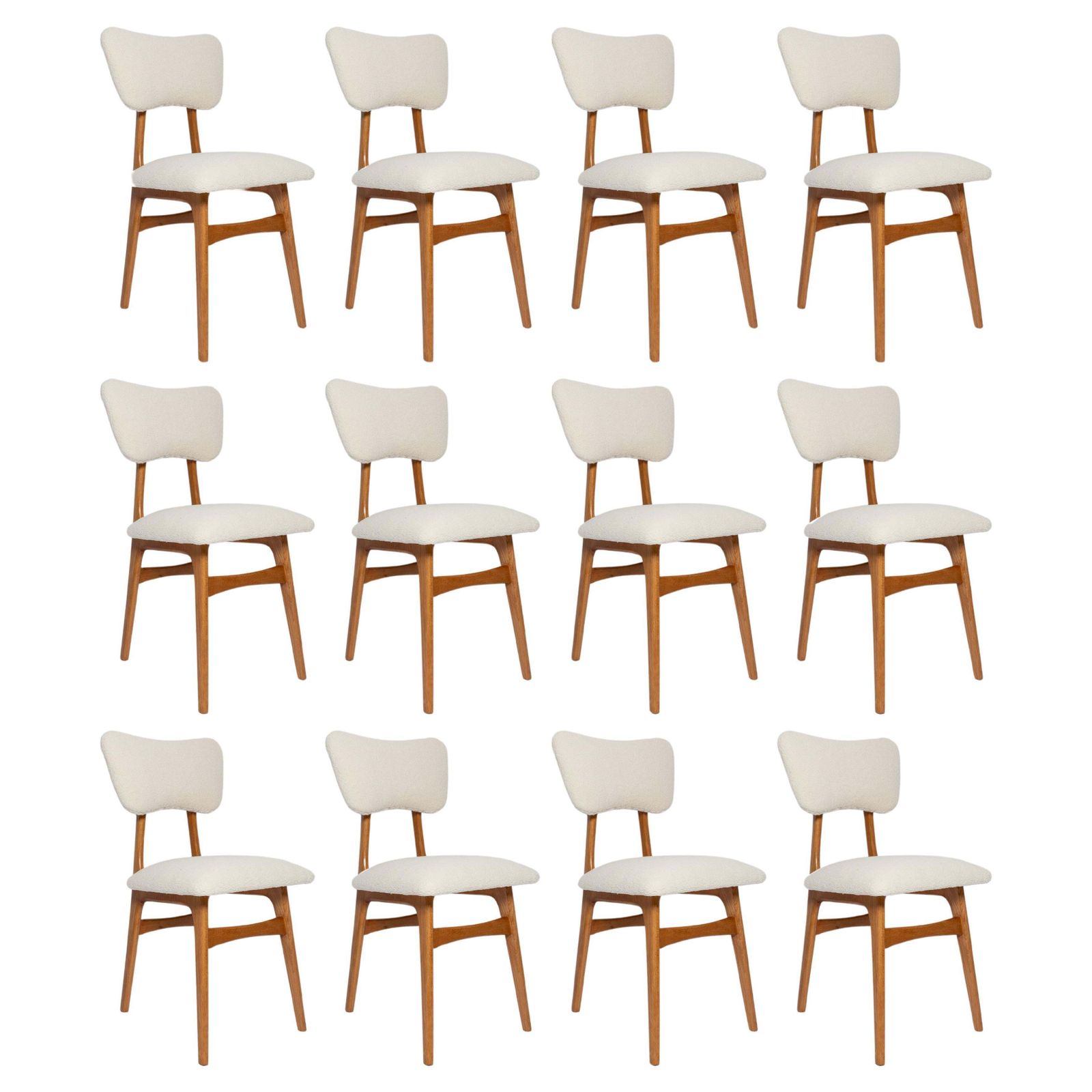Set Of Twelve Mid Century Butterfly Chairs, Boucle, Light Wood, Europe, 1960s