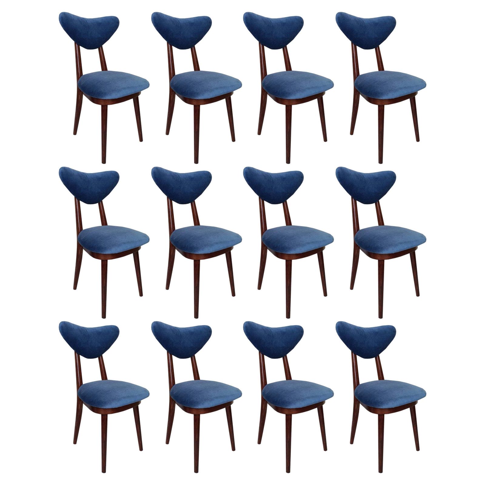 Set Of Twelve Mid Century Blue Velvet, Walnut Wood, Heart Chairs, Poland, 1960s