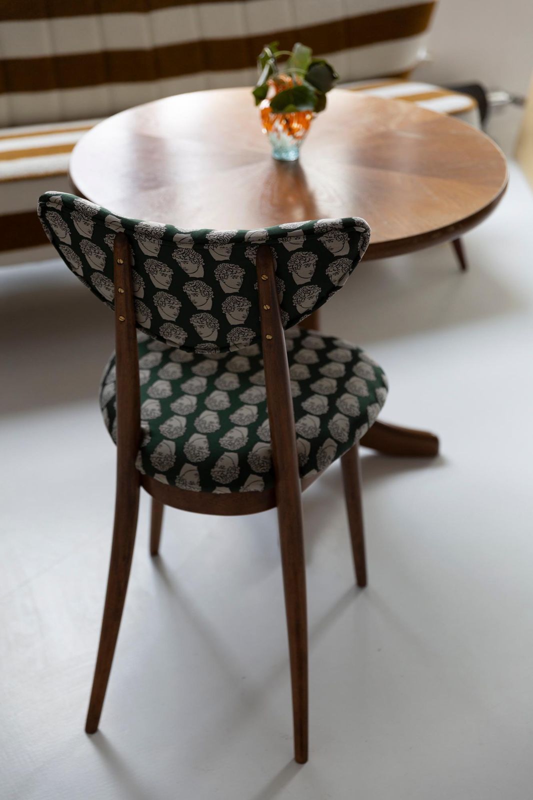Ten Midcentury David Print Emerald Satin, Dark Wood Heart Chairs, Europe, 1960s photo furniture