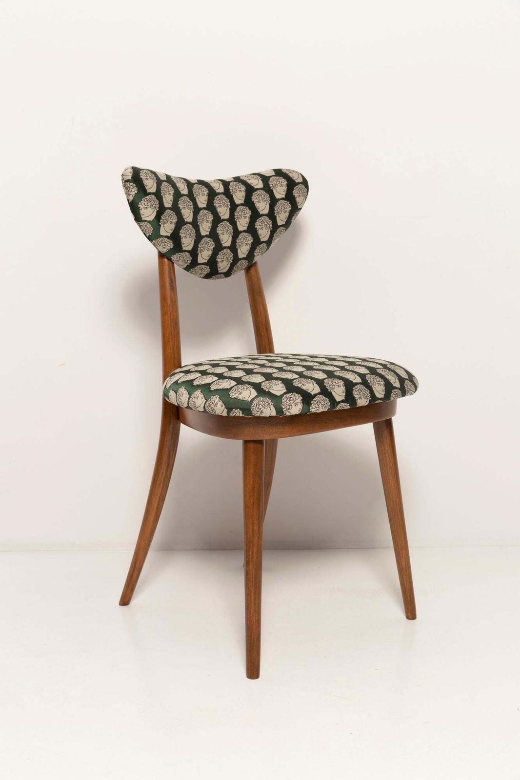 Ten Midcentury David Print Emerald Satin, Dark Wood Heart Chairs, Europe, 1960s photo buy
