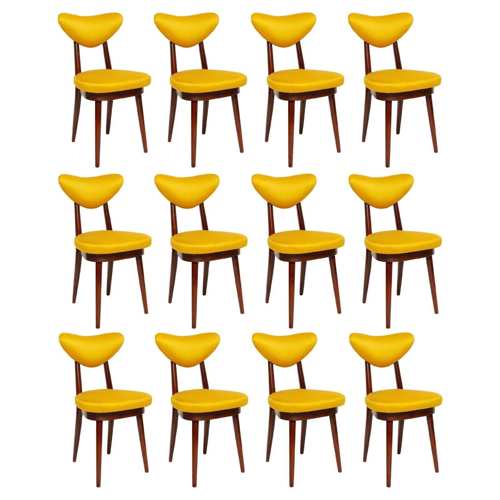 Twaalf Mid Century Stoelen Met Hartvormige Rugleuning, Geel Satijn Dedar Gildo Stof, Europa, Jaren 1960