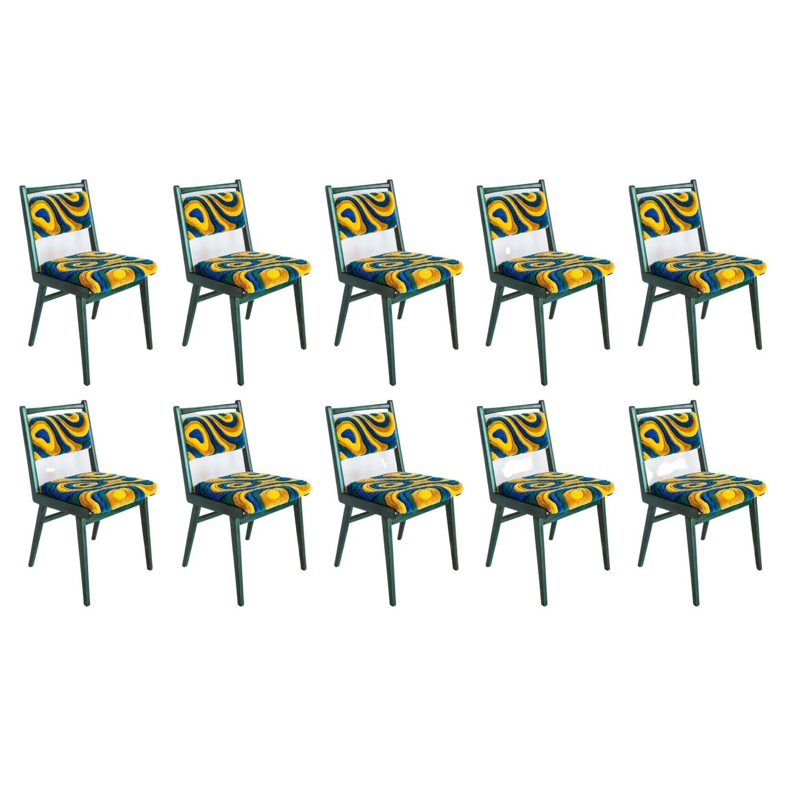 Tien Mid Century Fauteuils, Groen En Geel Gewatteerde Wollen Bekleding, Europa, Polen, Ca. Jaren 1960