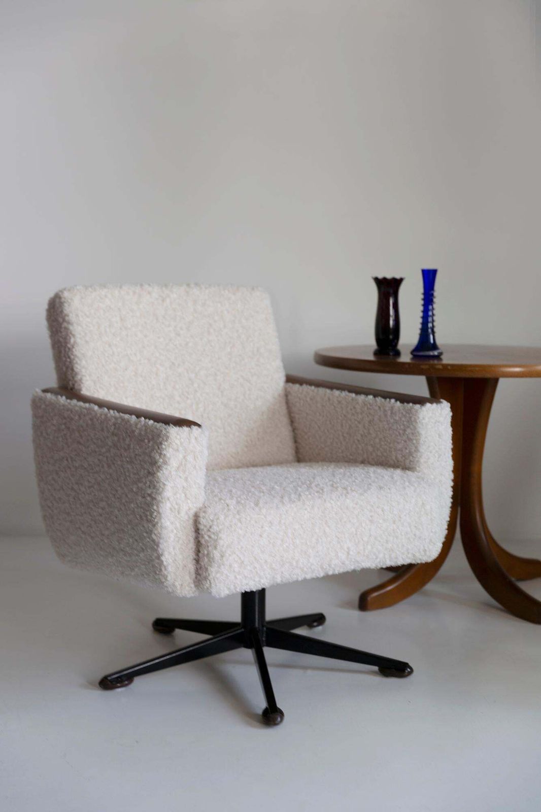 Pair Of Midcentury Light Faux Fur Bouclé Swivel Armchairs, Europe, 1960s photo for sale