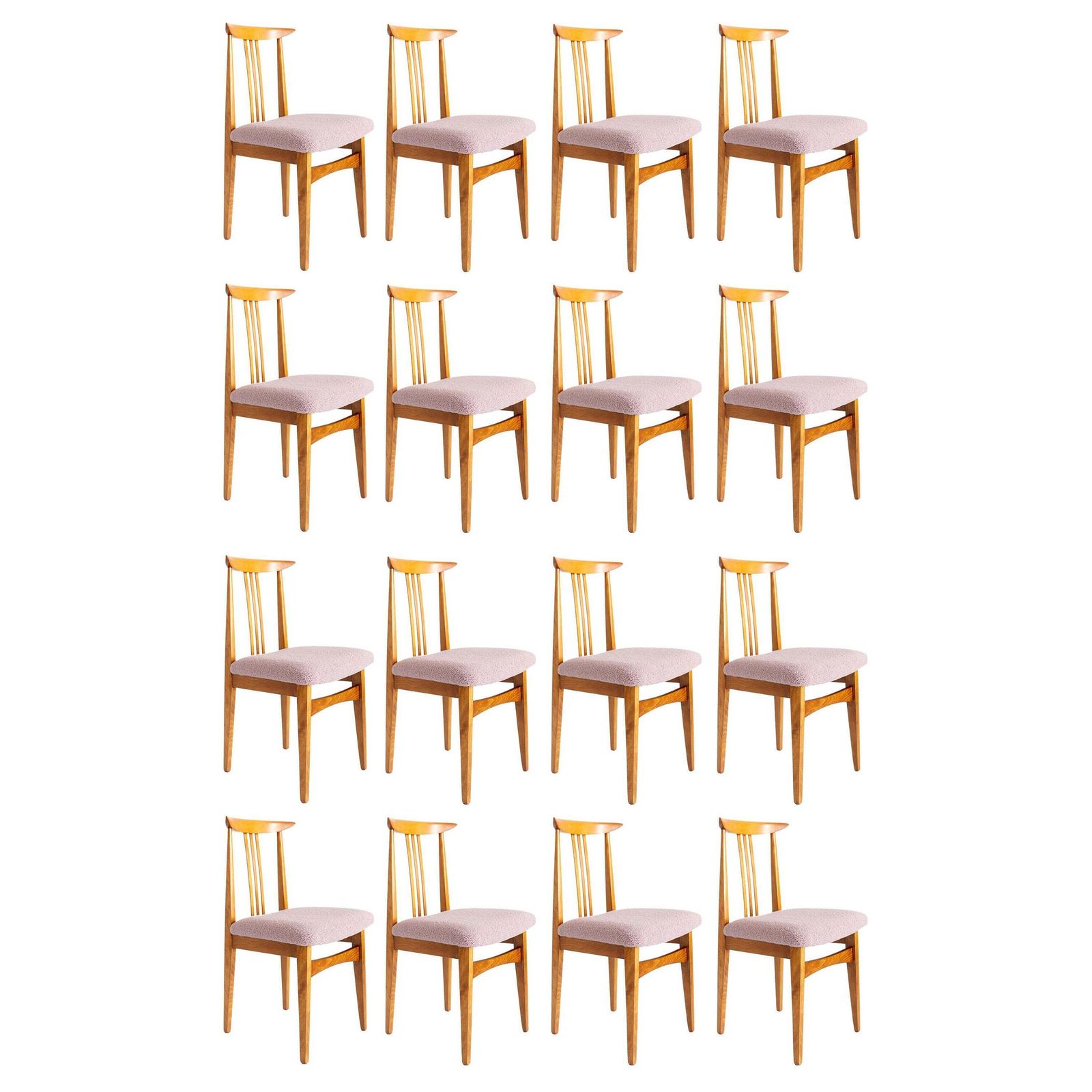 Set Van Zestien Mid Century Stoelen Met Roze Bouclébekleding, Door Zielinski, Polen, Jaren 1960