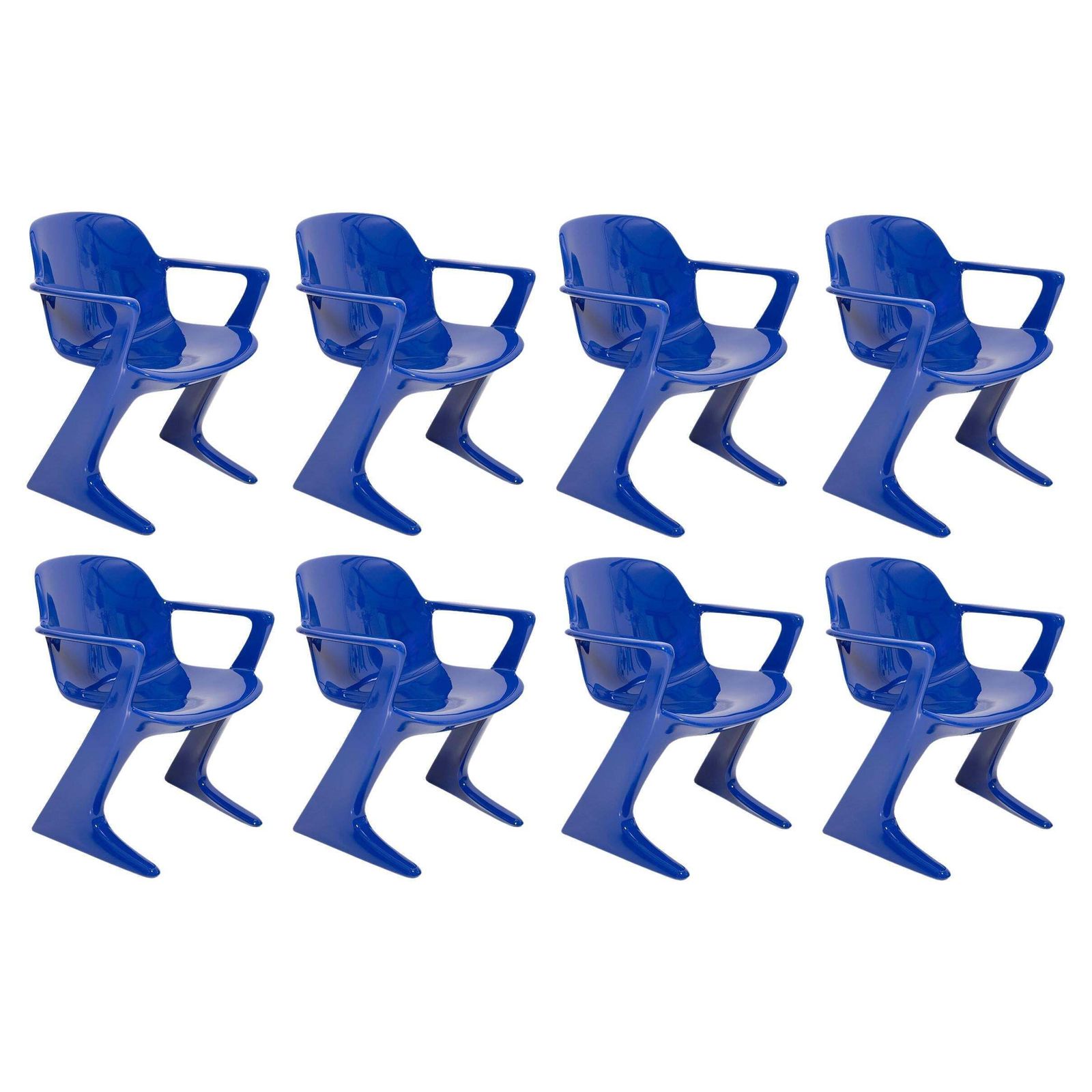 Set Of Eight Ultramarine Blue Kangaroo Chairs, By Ernst Moeckl, Germany, 1968