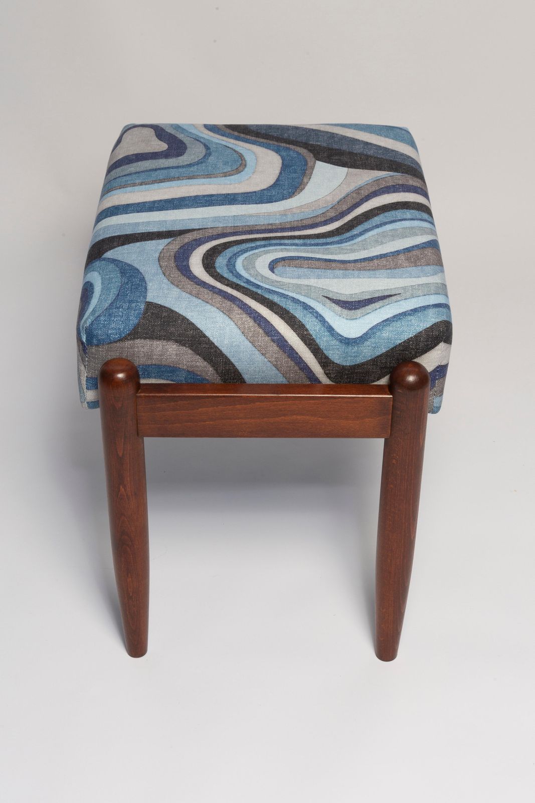 Blue Linen Mid Century Gfm Stool, Edmund Homa, Europe, 1960s photo vinterior