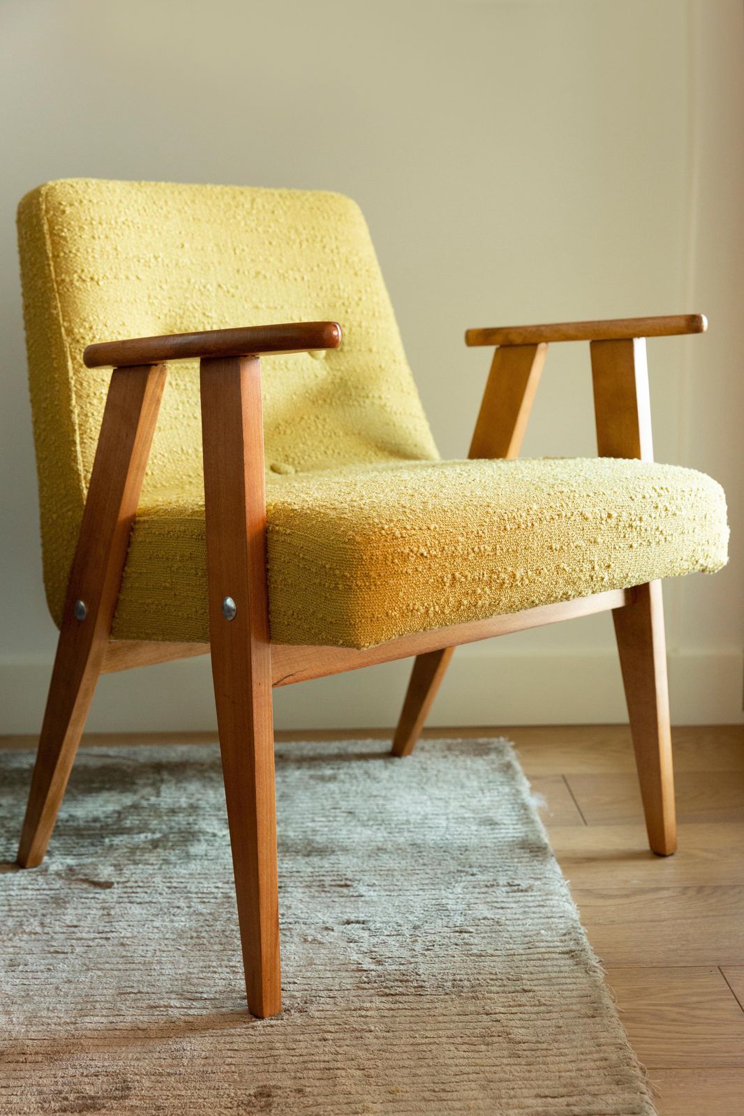 Midcentury 366 Club Armchair In Yellow Boucle, Jozef Chierowski, Europe, 1960s photo for sale