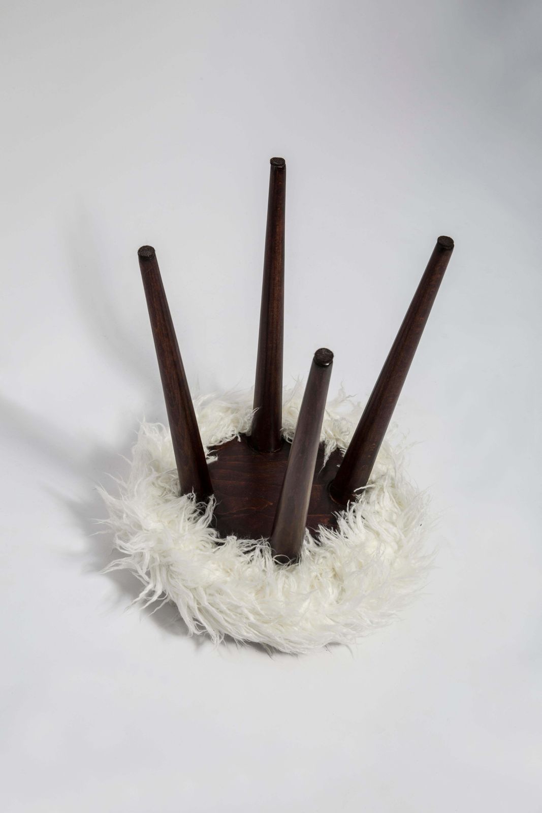 Mid Century Alpaca White Faux Fur Stool, Europe, 1960s photo vinterior