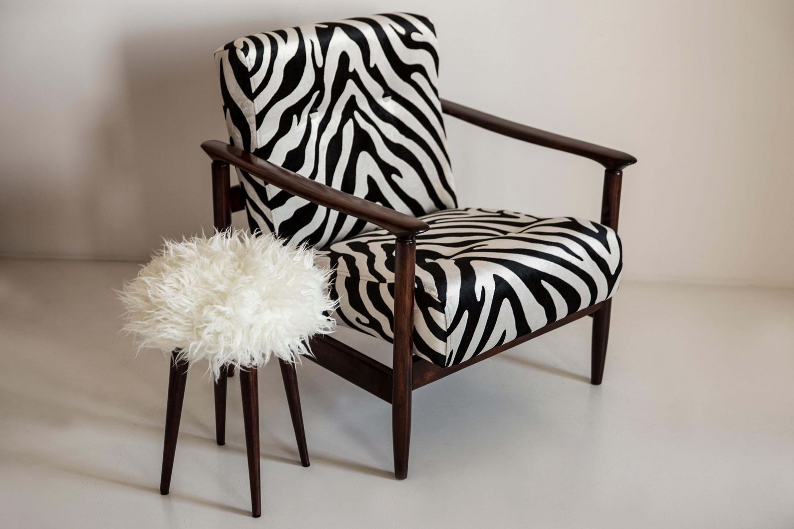 Furniture Mid Century Alpaca White Faux Fur Stool, Europe, 1960s photo