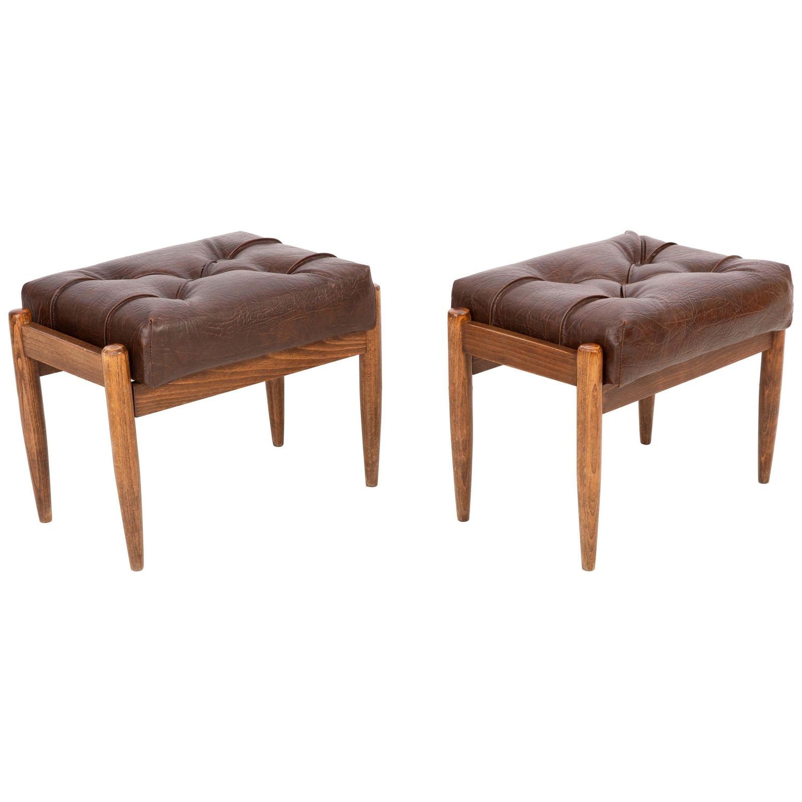 Set Of Two Faux Leather Brown Vintage Stools, Edmund Homa, 1960s