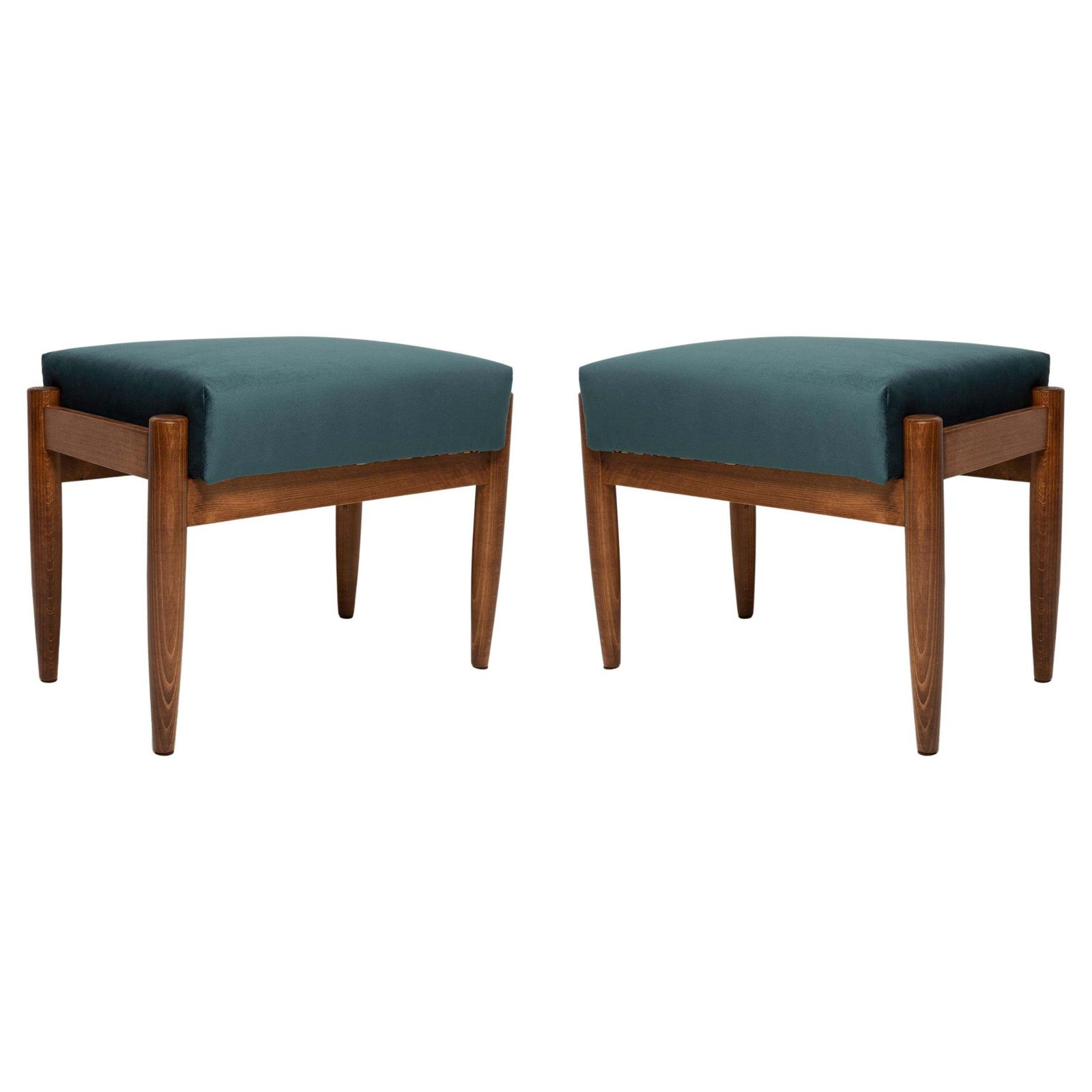 Pair Of Midcentury Petrol Blue Velvet Vintage Stools, Edmund Homa, 1960s