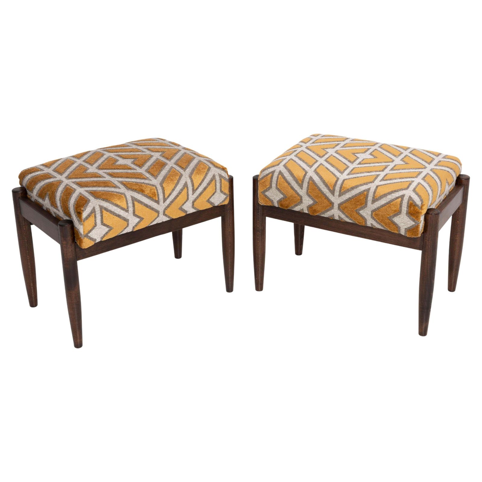 Pair Of 20th Century Yellow Pattern Velvet Vintage Stools, Edmund Homa, 1960s