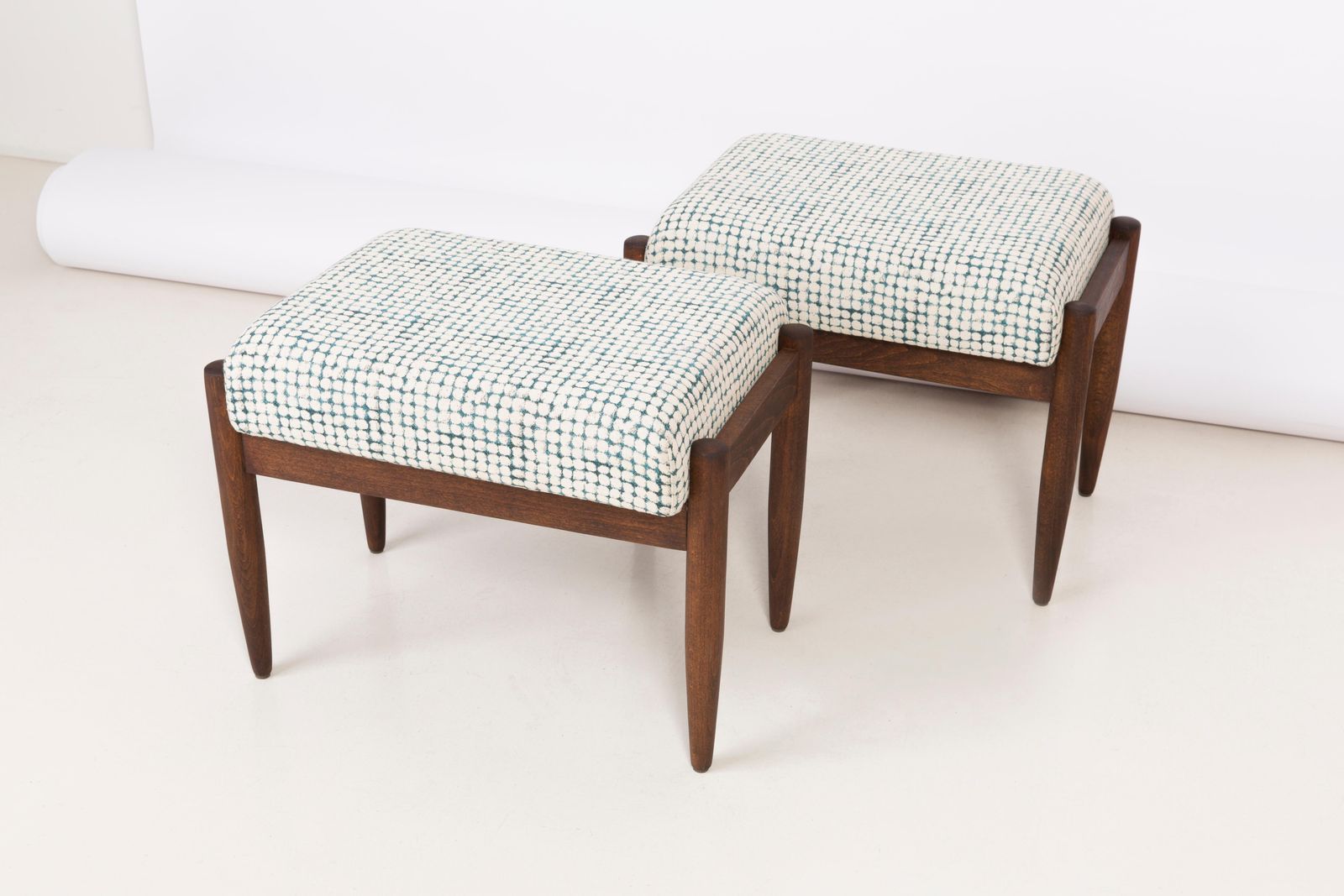 Set Of Two White And Aqua Vintage Stools, Edmund Homa, 1960s photo furniture