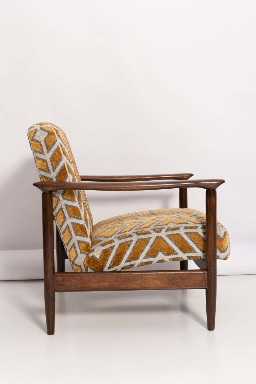photo for sale Mid Century Pattern Velvet Mustard Armchair, By Edmund Homa, Europe, 1960s.